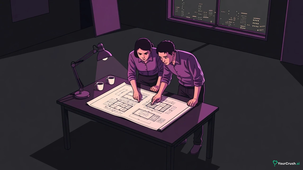 Two rival architects lean reluctantly over the same blueprint at a drafting table at night
