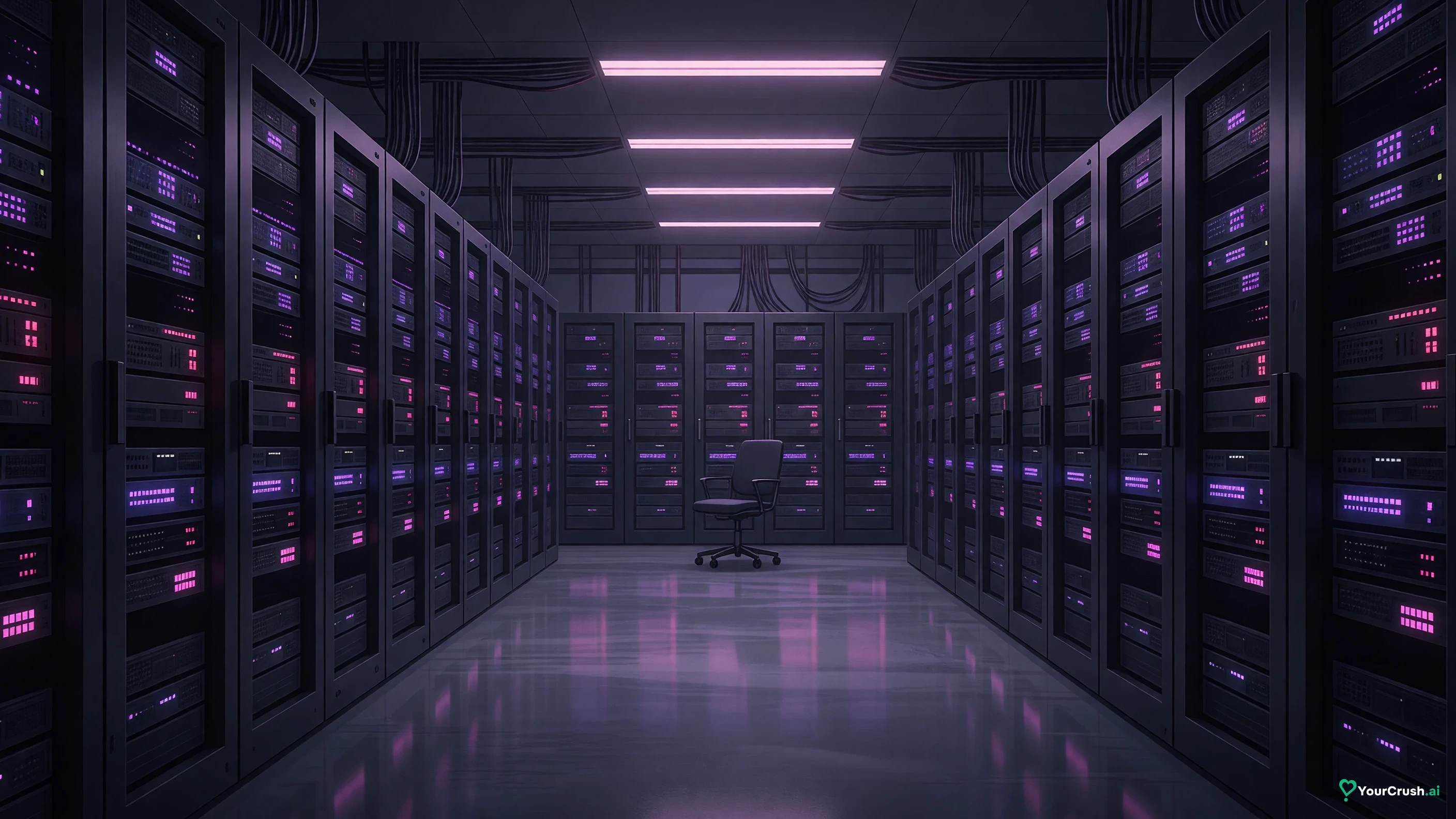 An empty server room with rows of racks lit in violet and pink