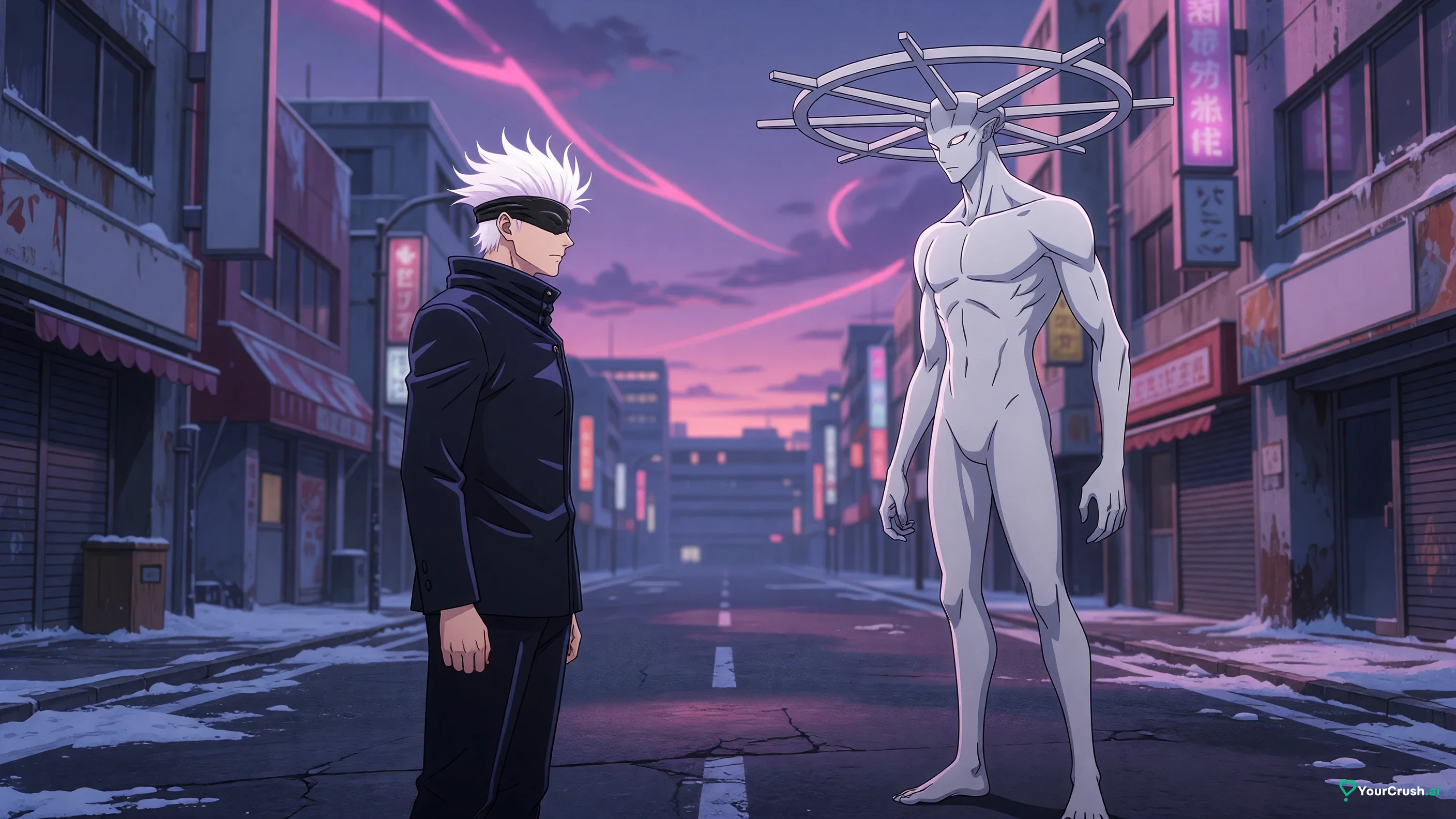 Satoru Gojo from Jujutsu Kaisen facing the shikigami Mahoraga across an empty Shinjuku street