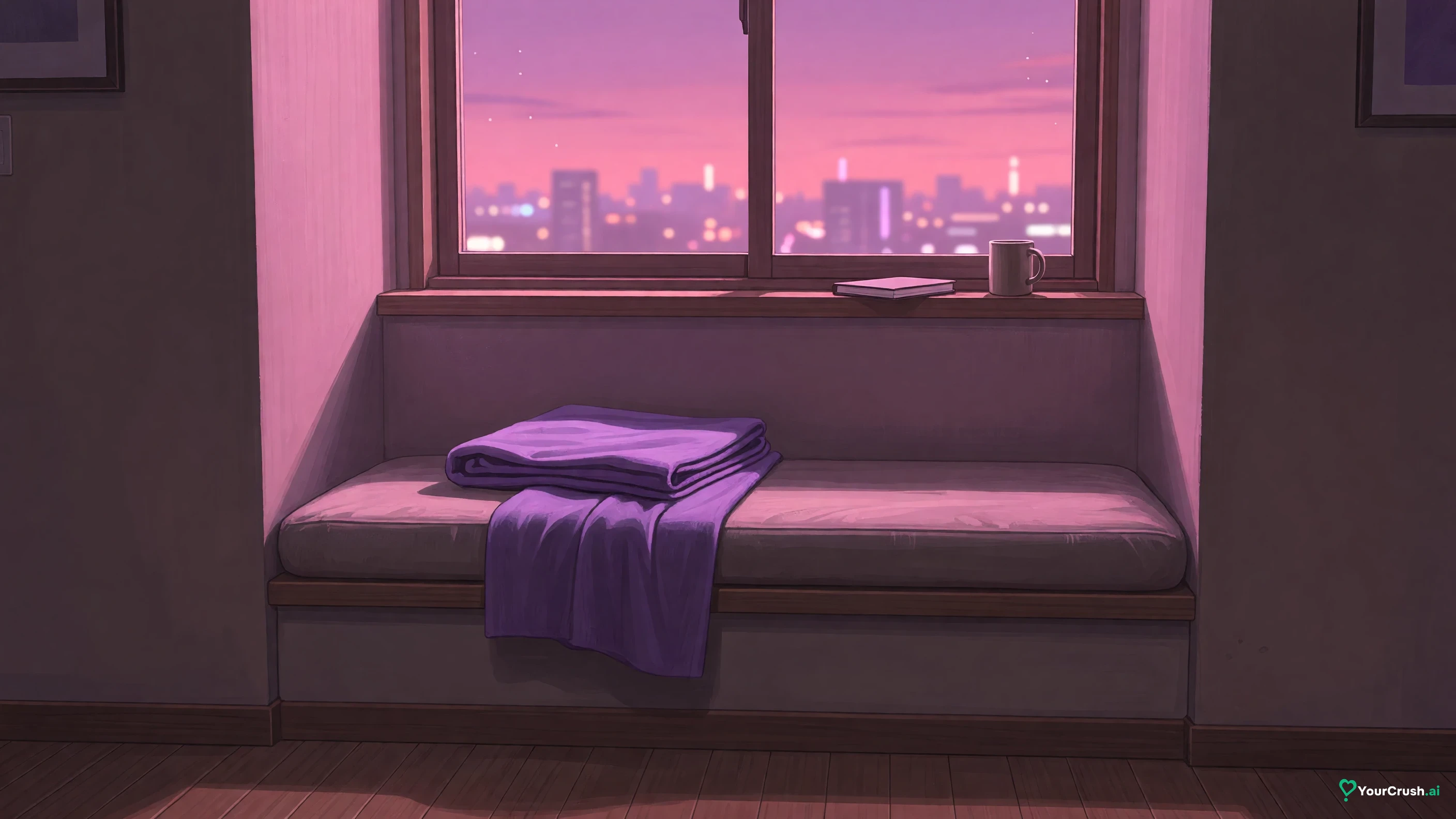An empty window seat with a violet blanket in soft pink evening light