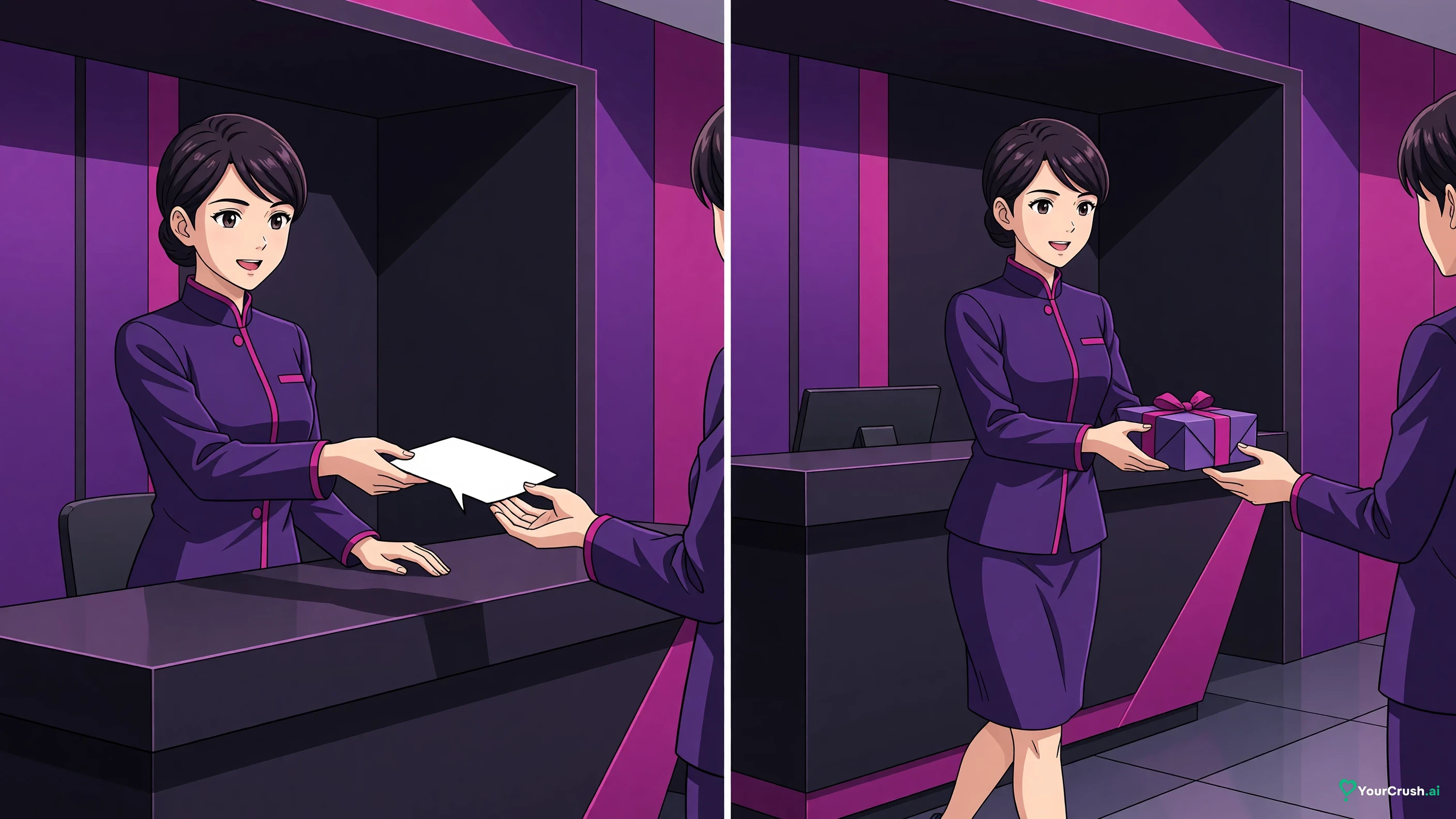Two panels: a figure answering a question across a counter, and a figure carrying a completed task in a box