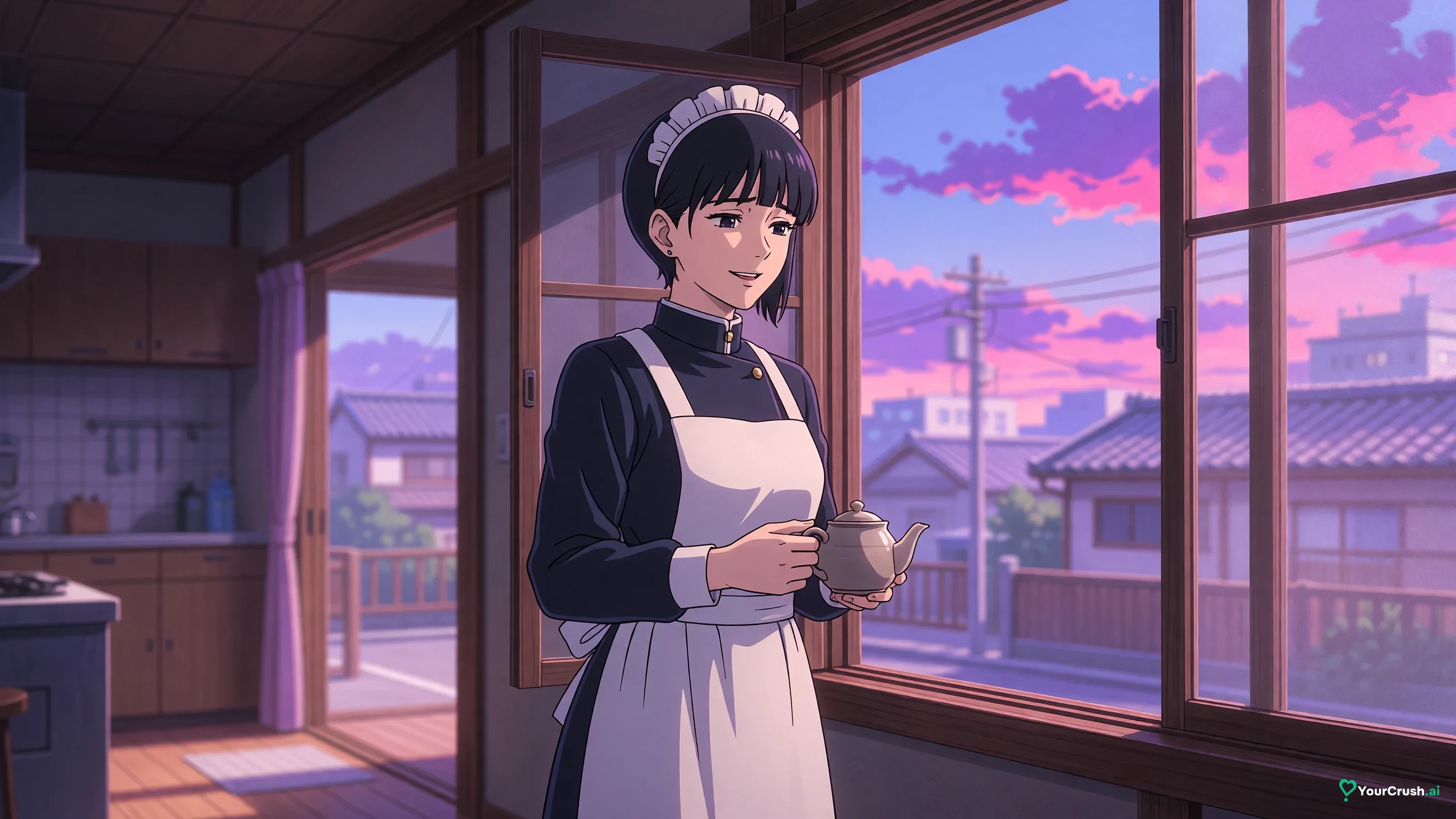 Misato Kuroi from Jujutsu Kaisen standing at a kitchen window on a bright morning