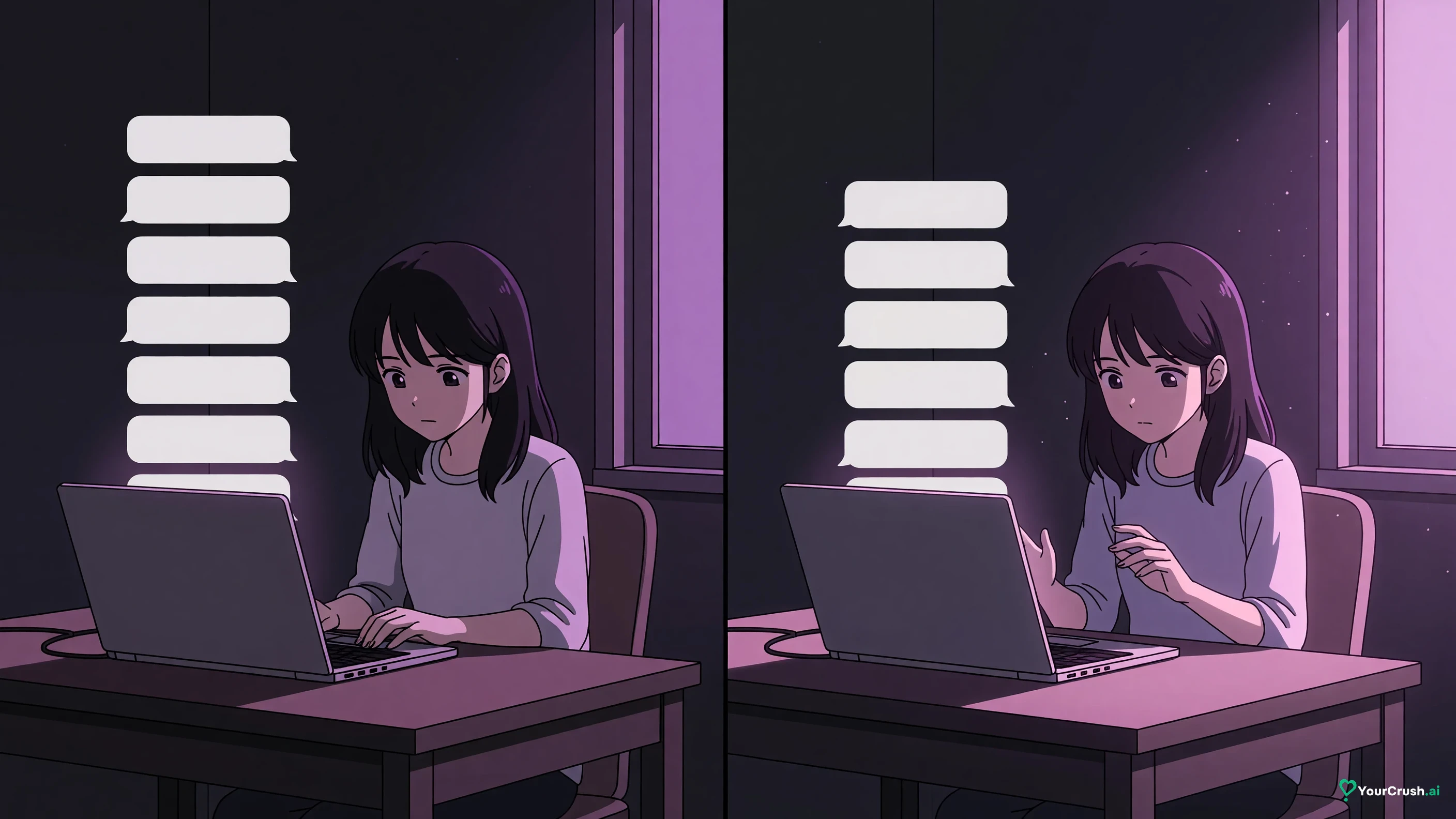 Two panels: a chat window with a full page, then the same window empty the next morning