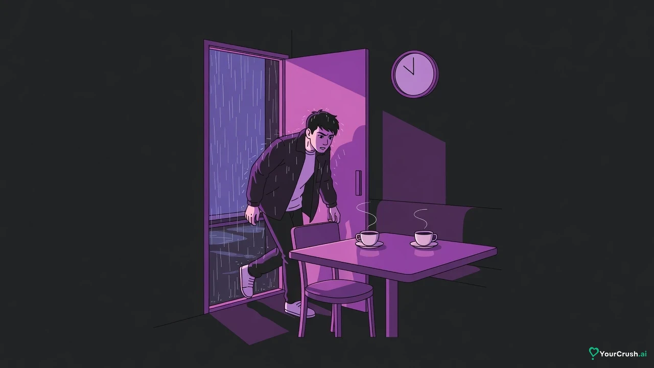 A man arrives late in a rainy café doorway, two cups waiting on a table, one cooling