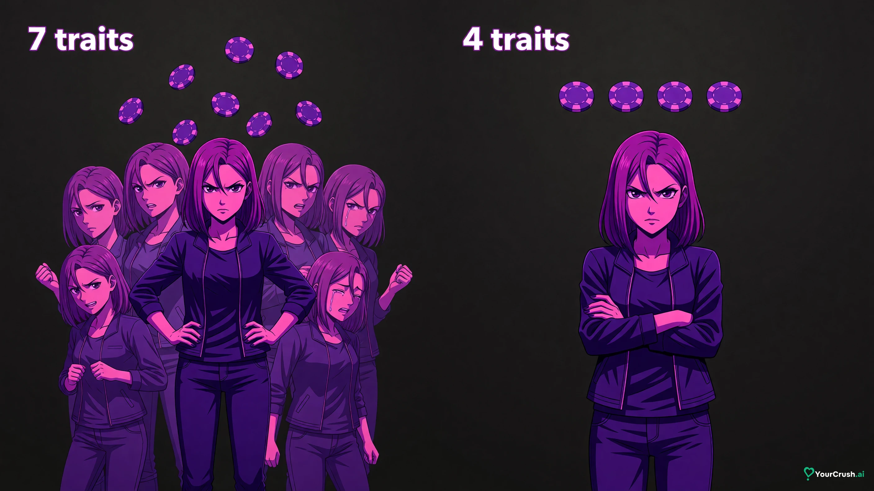 The same anime character drawn twice: seven contradictory traits produce seven overlapping poses, four coherent traits produce one clear pose