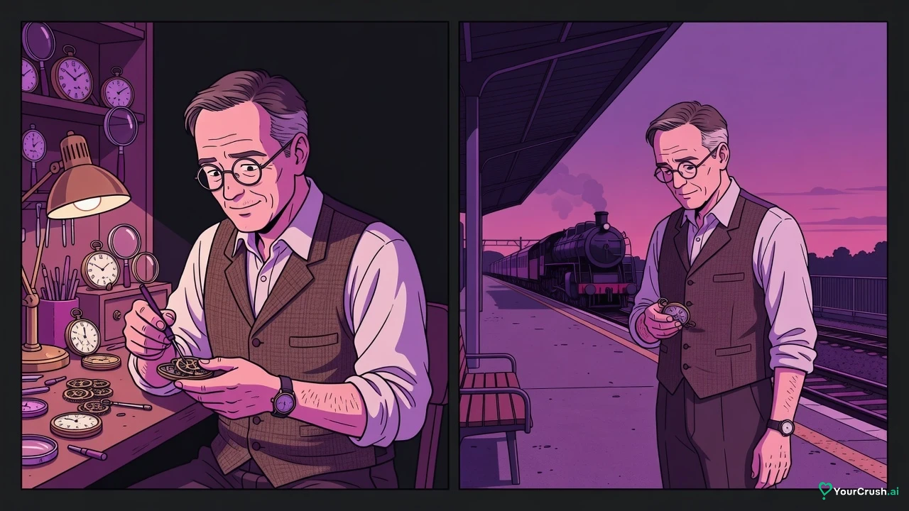 Two panels: a man humming as he repairs a pocket watch, then the same man missing a train to finish it