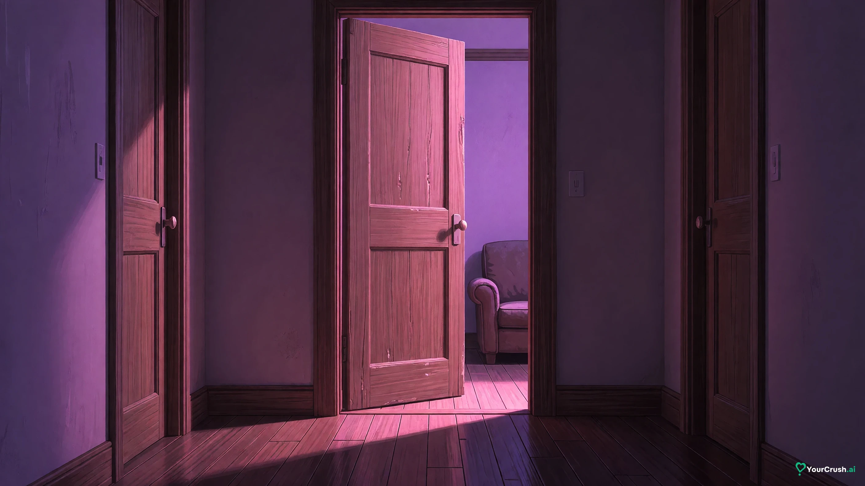 A door left ajar in a dim hallway with soft pink light spilling from the room beyond
