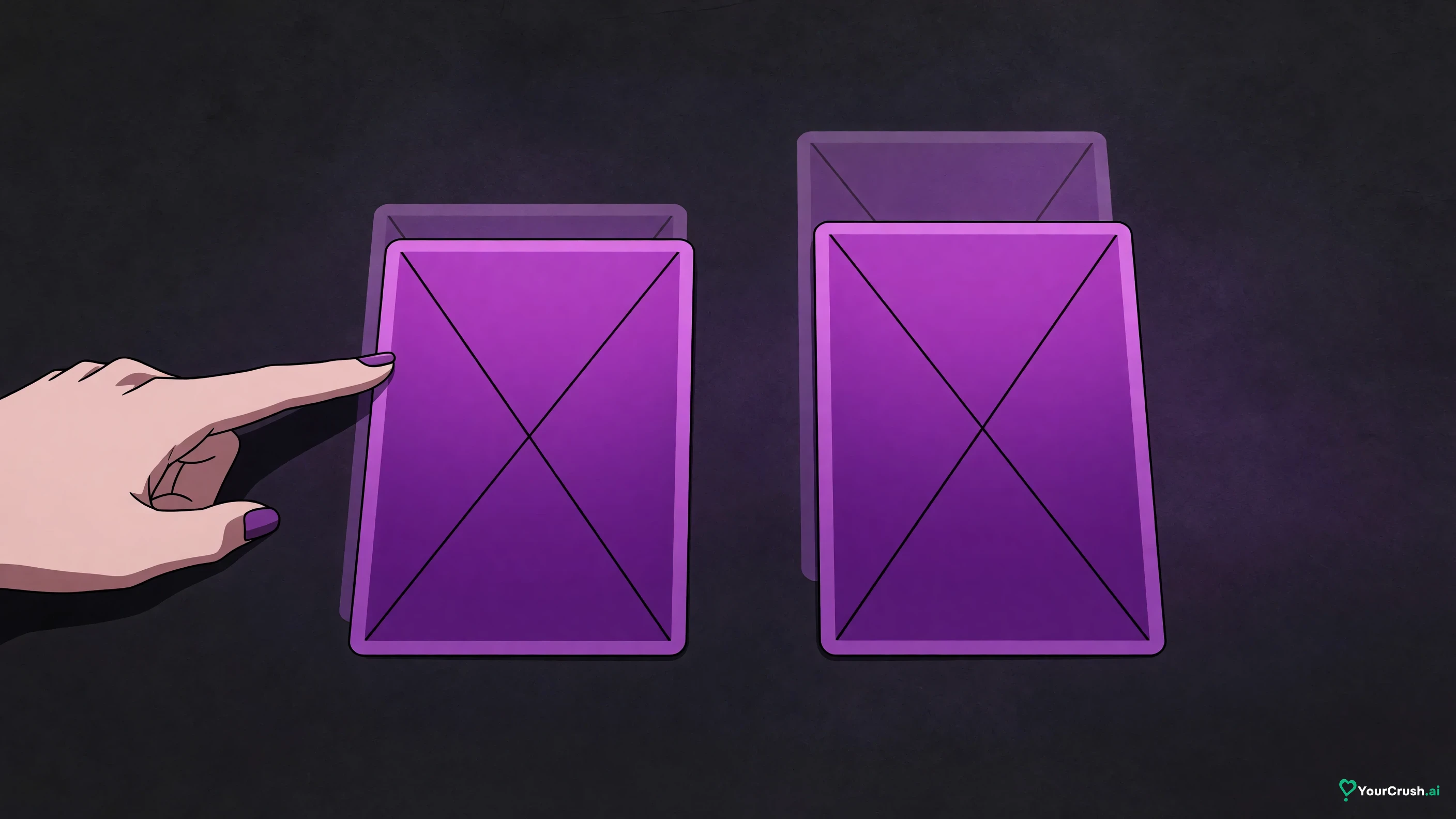 Two plan cards with struck-through taller shadows behind them, an anime hand pointing at the smaller