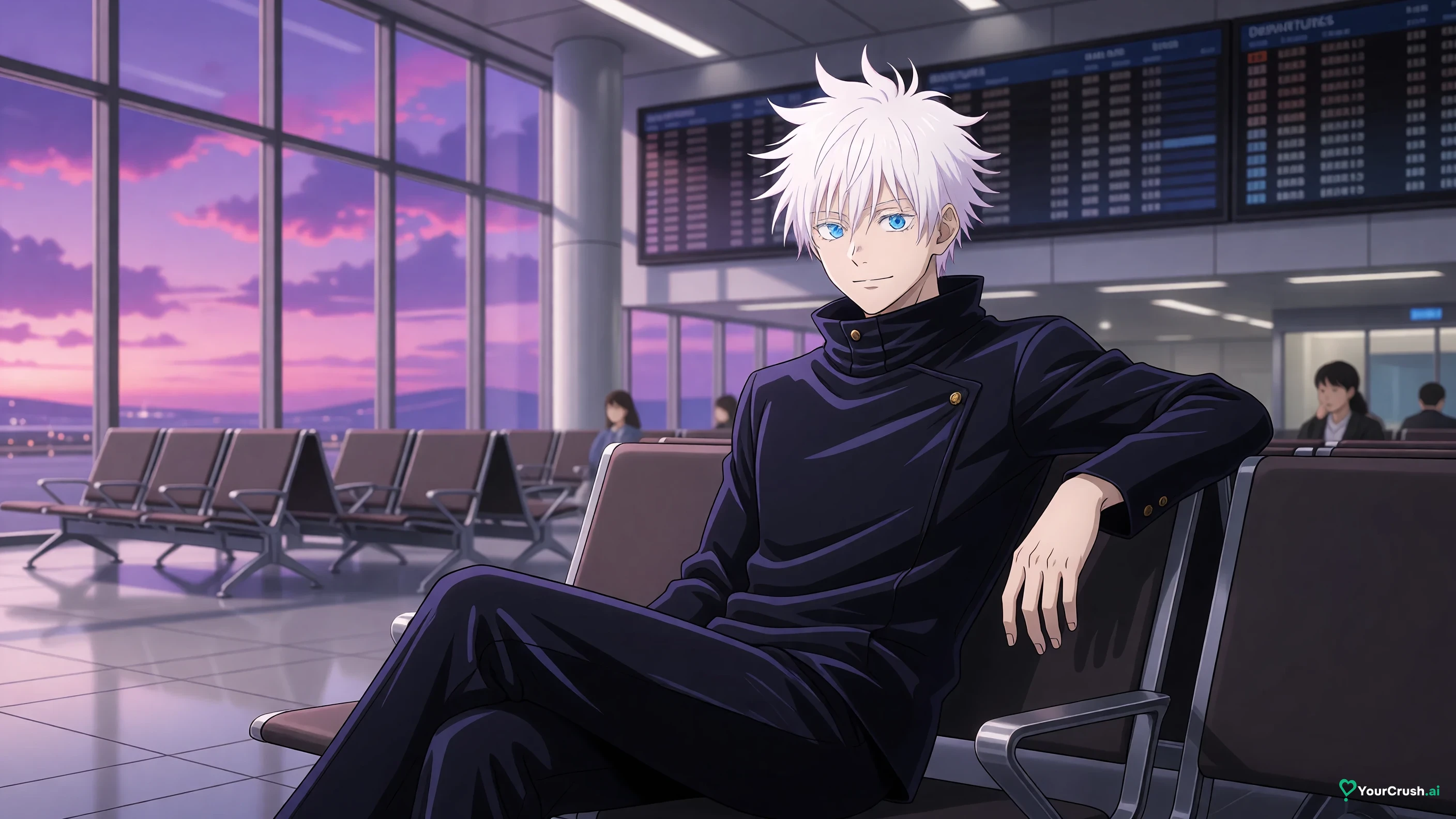 Satoru Gojo from Jujutsu Kaisen sitting in a quiet airport departure hall full of light