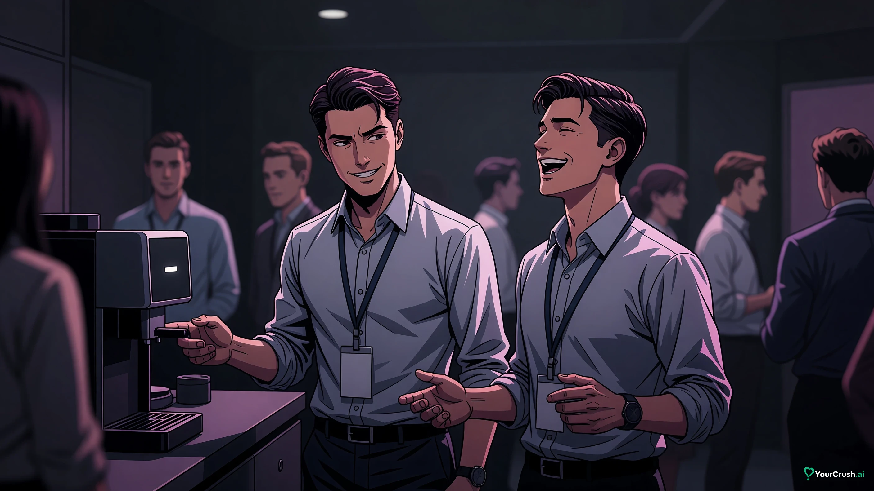 Two conference attendees at a broken coffee machine, one gesturing at it as they start talking