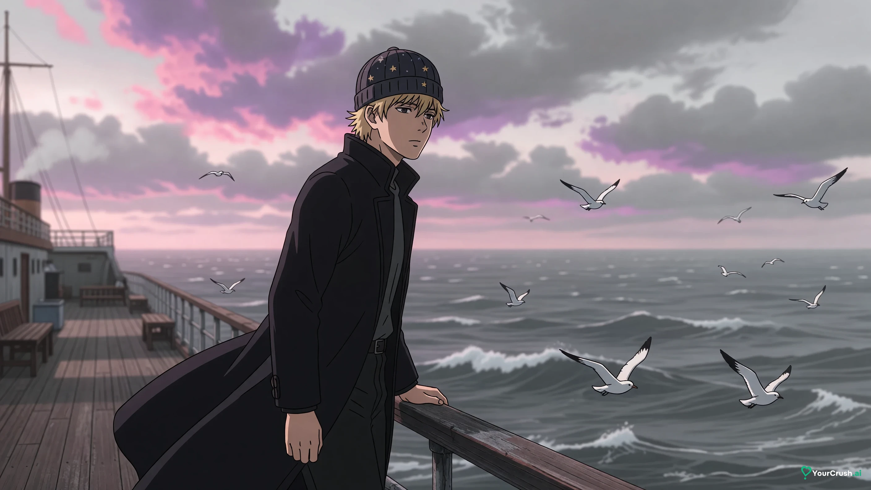Johnny Joestar standing at the rail of the ship bound for Naples