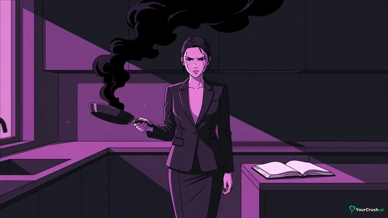 A poised woman in a tailored suit stares helplessly at a smoking pan in a kitchen