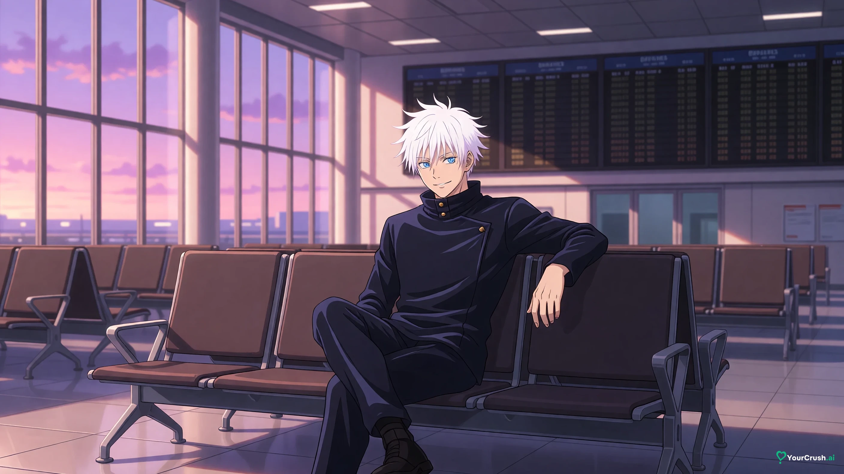 Satoru Gojo from Jujutsu Kaisen sitting in a sunlit airport departure hall