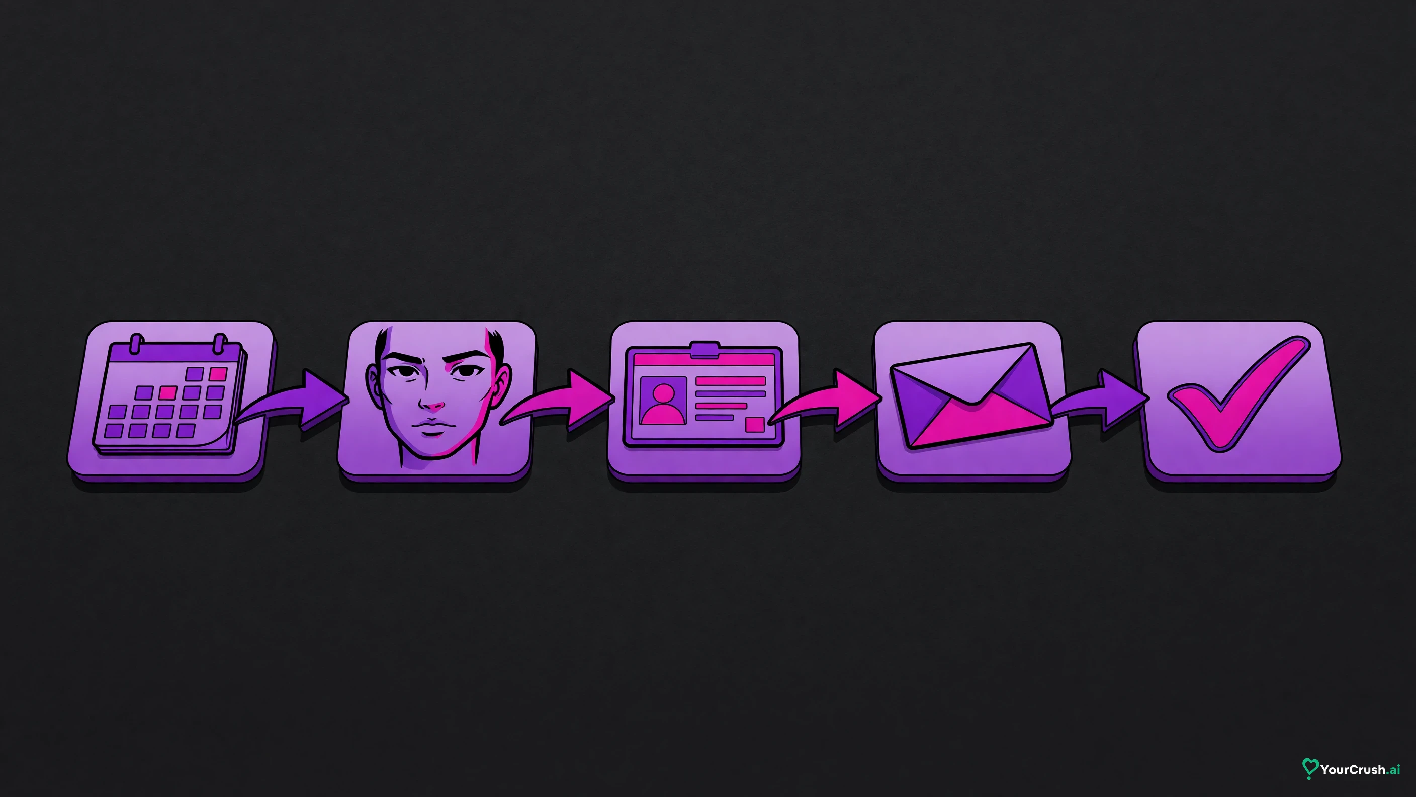 Five tiles left to right: a calendar, a face outline, an ID card, an envelope, a green tick