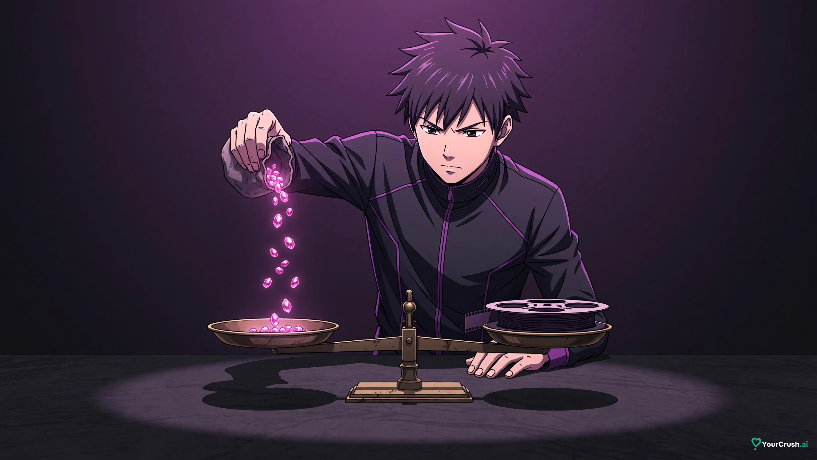 Anime character pouring gems from a pouch onto a scale opposite a small film reel