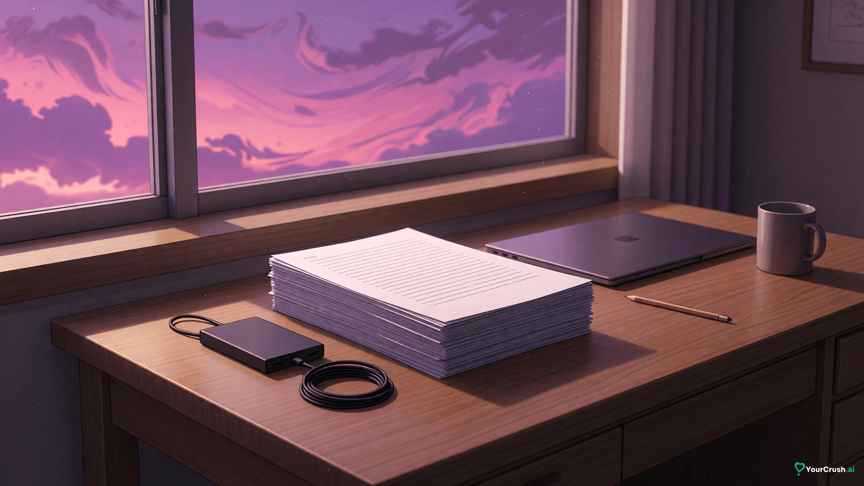 A desk with a stack of printed pages and an external backup drive beside a closed laptop