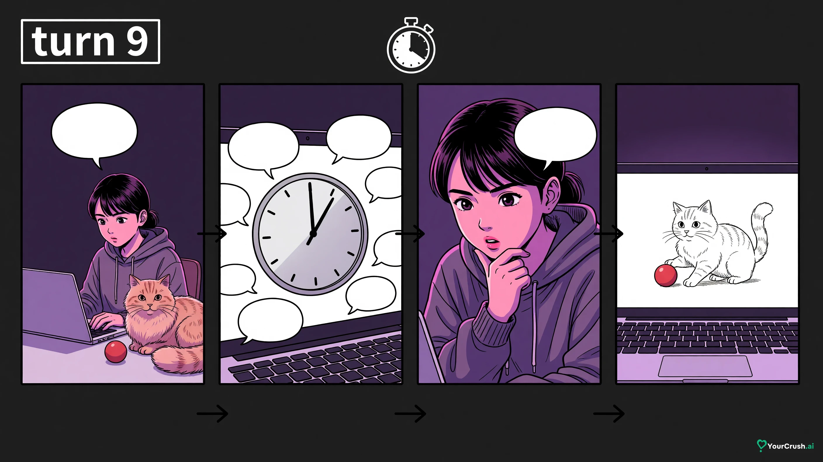 Four-panel manga strip of the memory test: a detail typed at turn two, unrelated chat, an indirect question at turn nine, the character recalling the cat