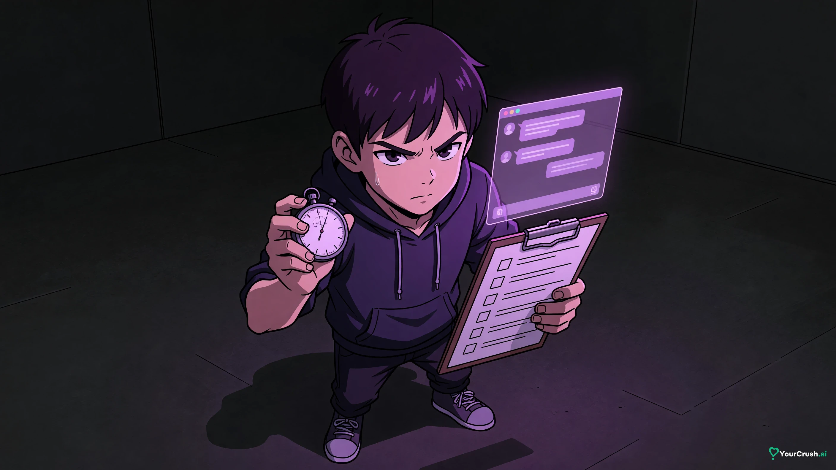 Anime character with a stopwatch and a checklist of six unmarked boxes, a chat window open beside them