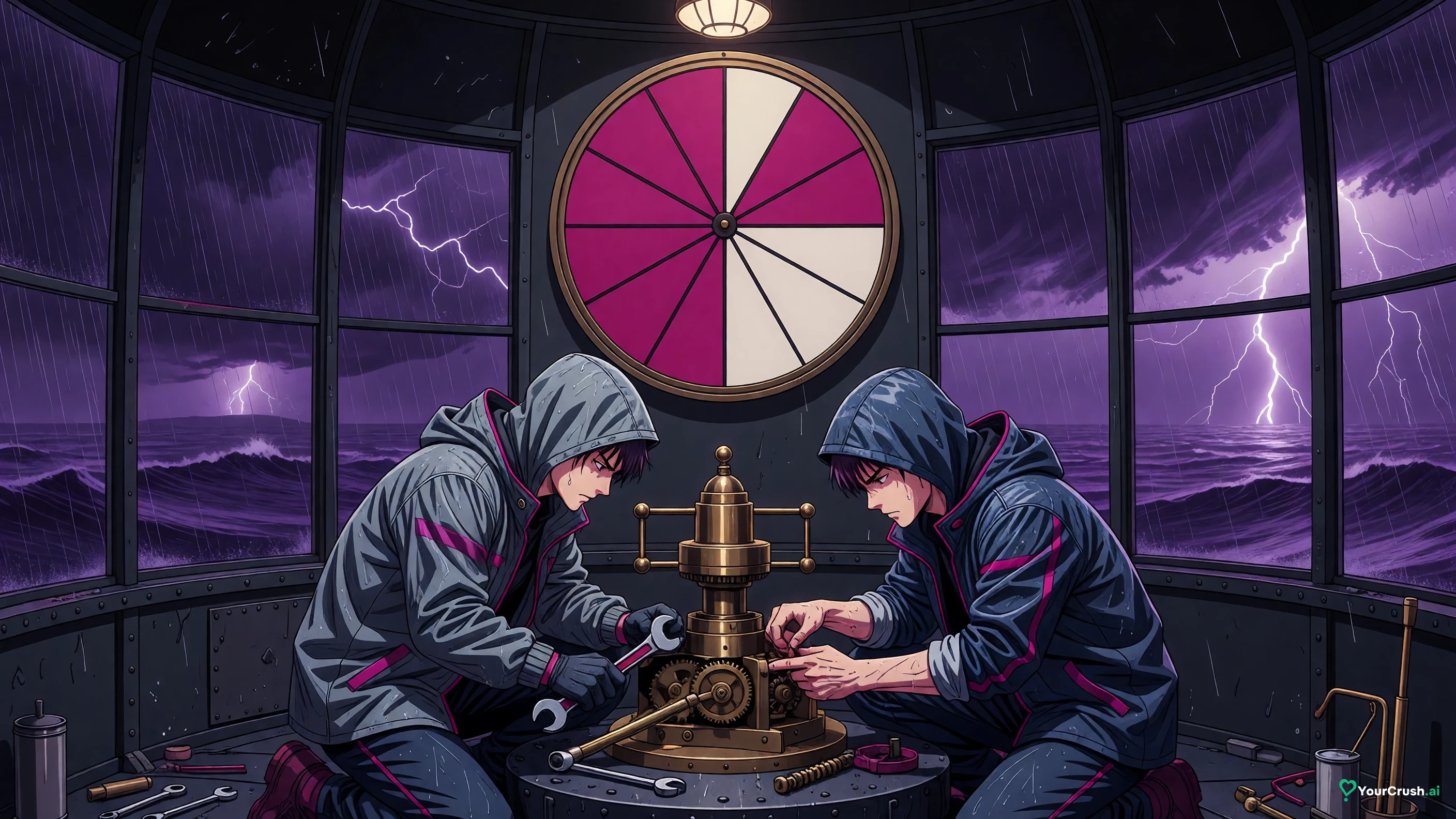 Two people in a lighthouse lamp room under a large circular segmented clock, most segments already filled