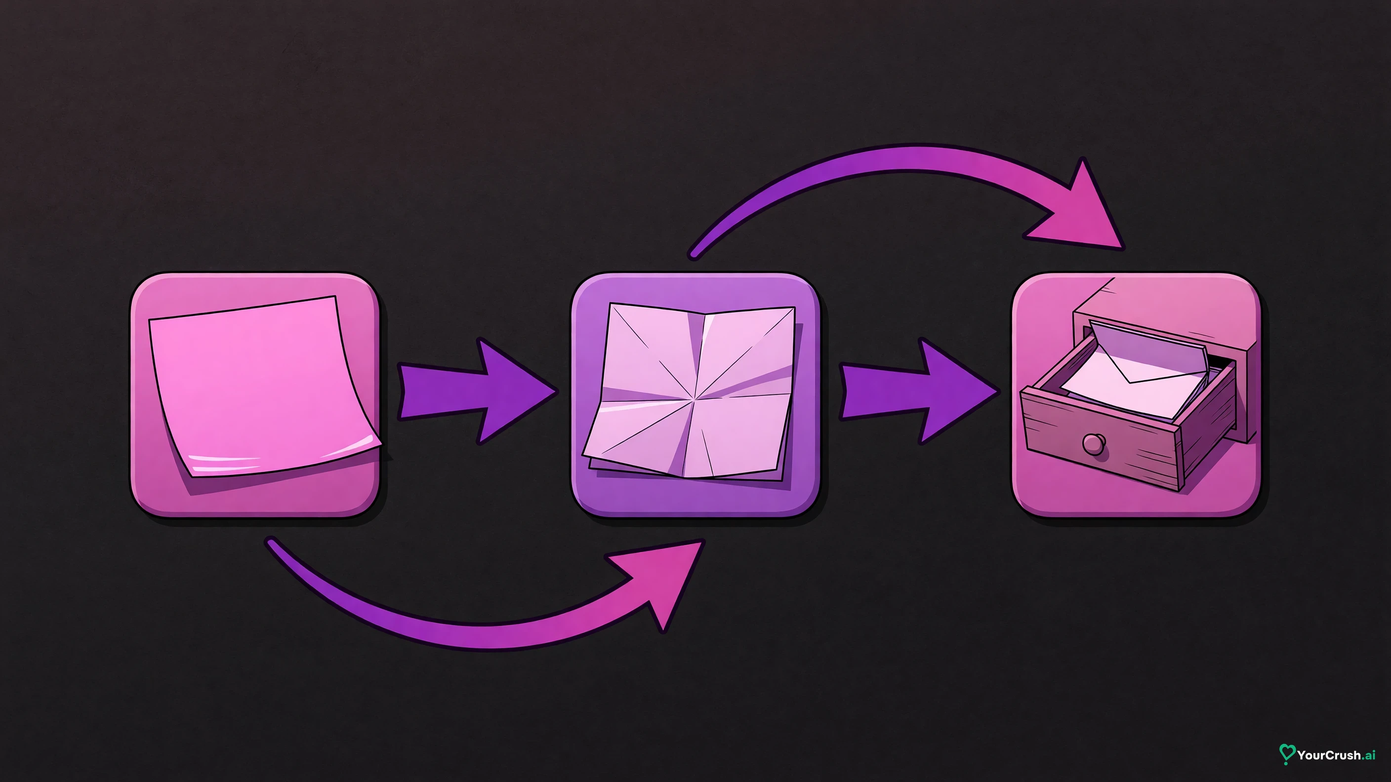 Three tiles: a fresh note, a folded note, a note in a drawer, joined by arrows
