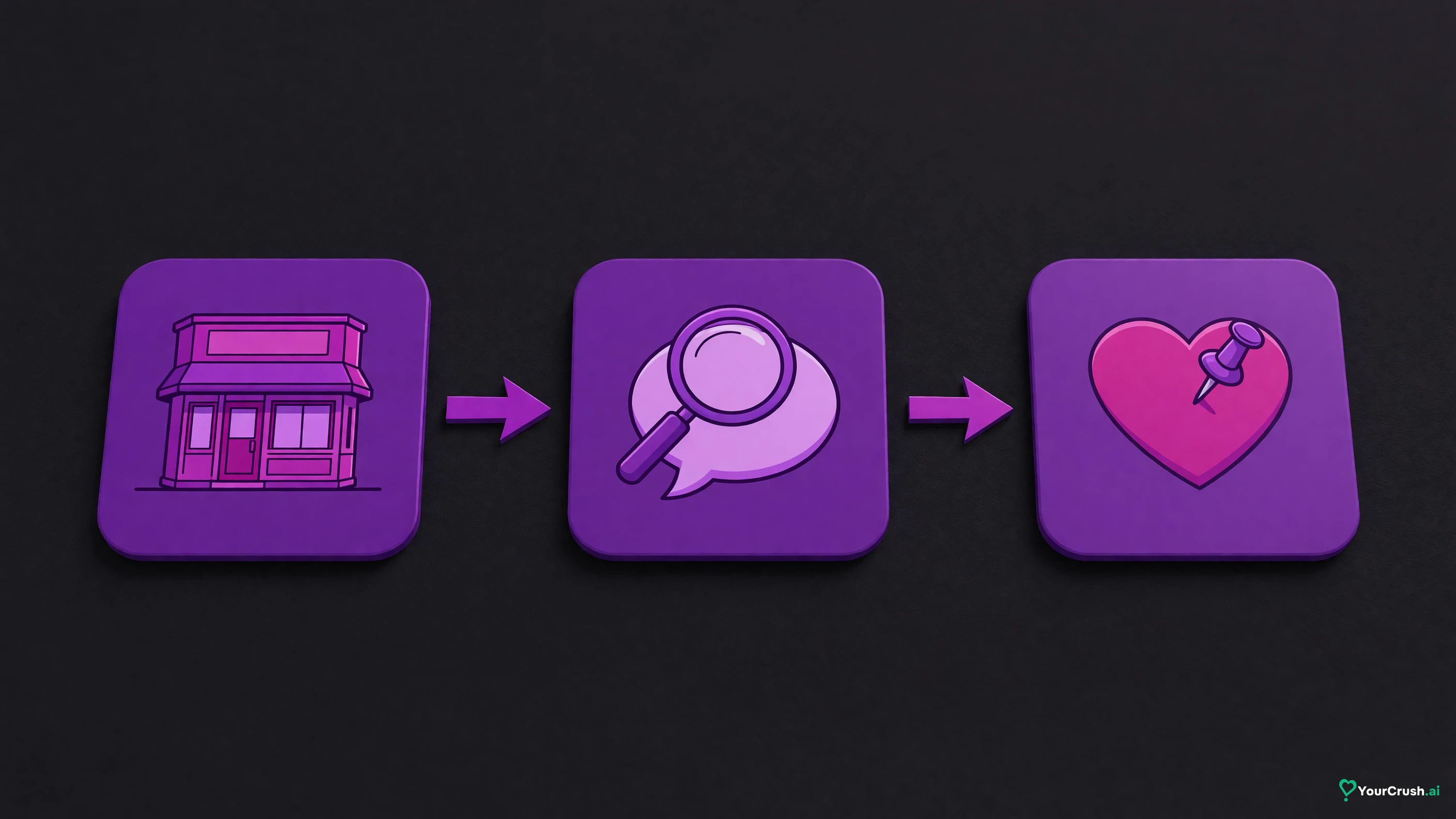 Three tiles: a storefront, a magnifying glass over a chat, a heart with a pin