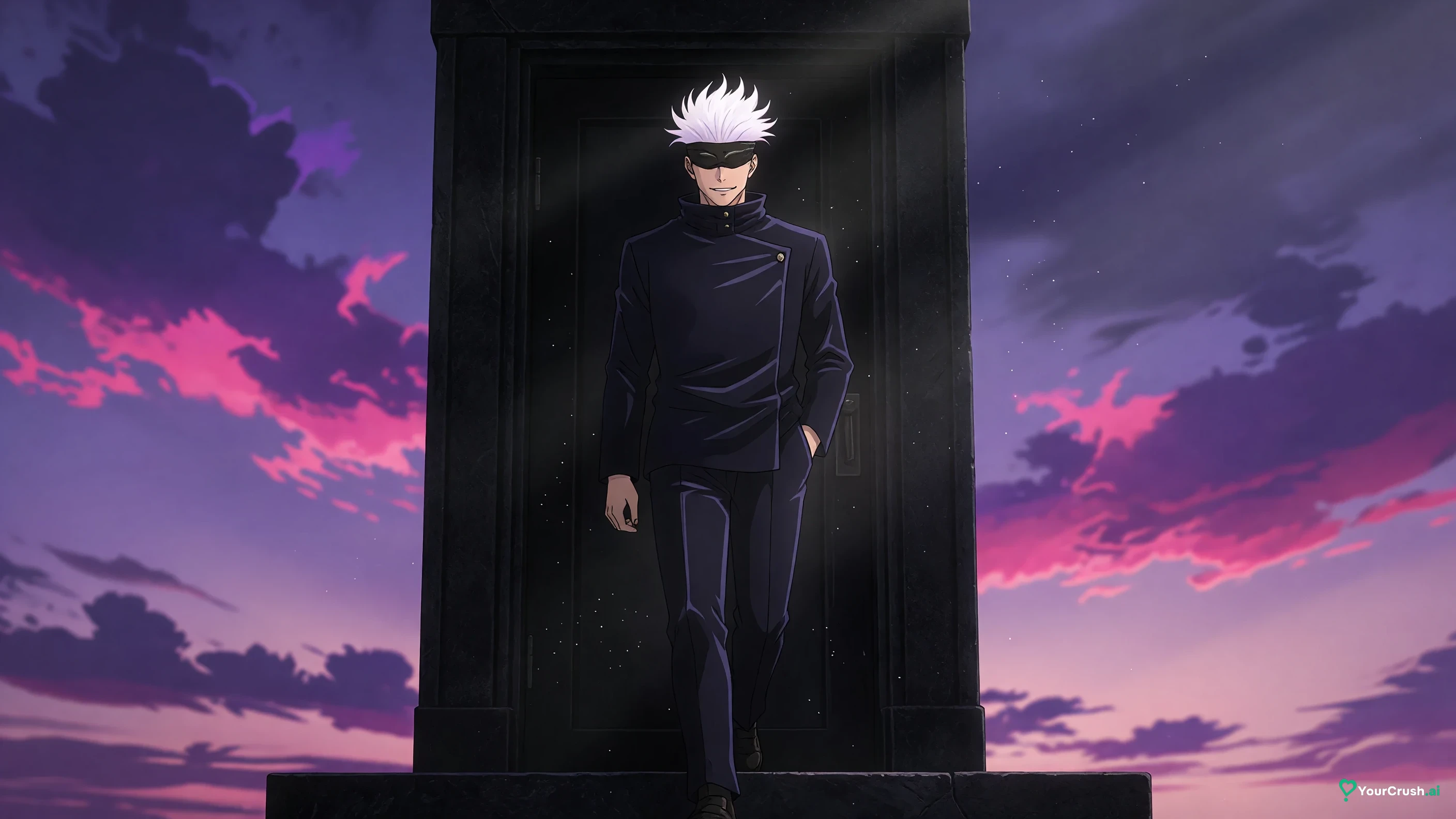 Satoru Gojo from Jujutsu Kaisen stepping out of a dark stone gateway into morning light