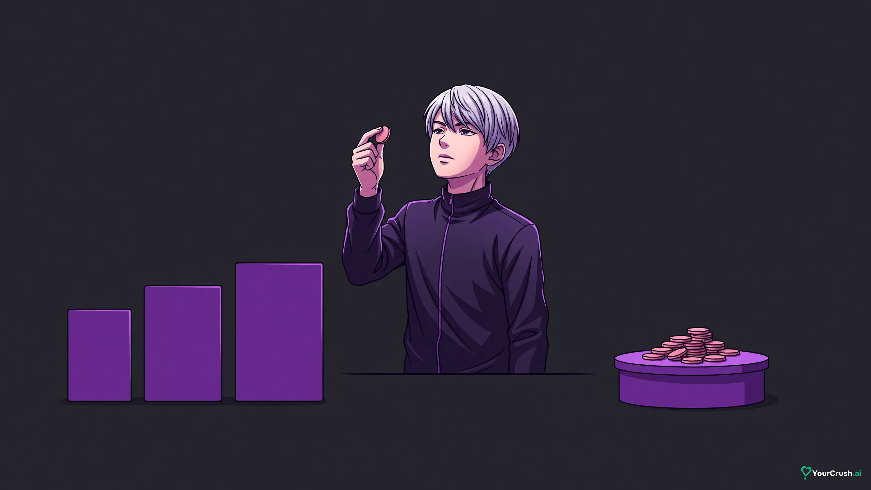 Three plan cards of rising height beside a small pile of coins, an anime character weighing a coin in one hand
