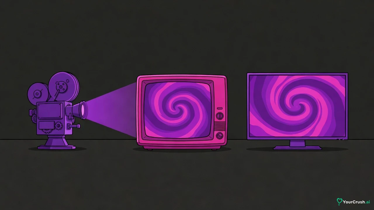 A film reel, an old boxy TV and a modern flat screen in a row, each showing the same purple glow