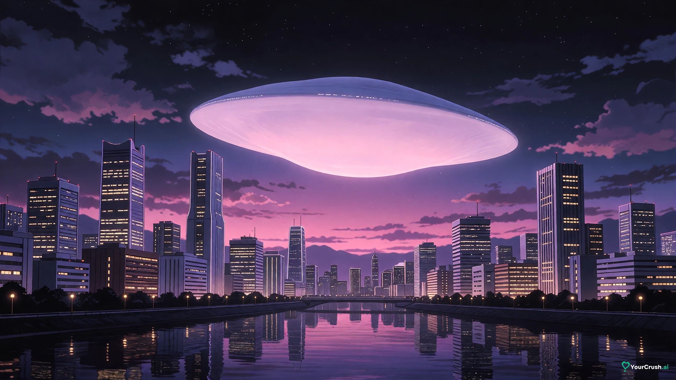 A Japanese city at night in 2086 with a vast alien vessel hanging above the skyline, the setting of Jujutsu Kaisen Modulo