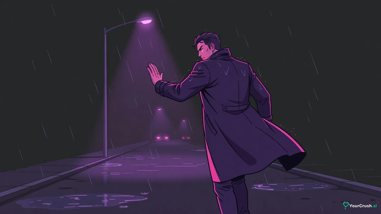 A man in a long coat steps in front of the viewer under a rainy streetlight, holding out a shielding arm