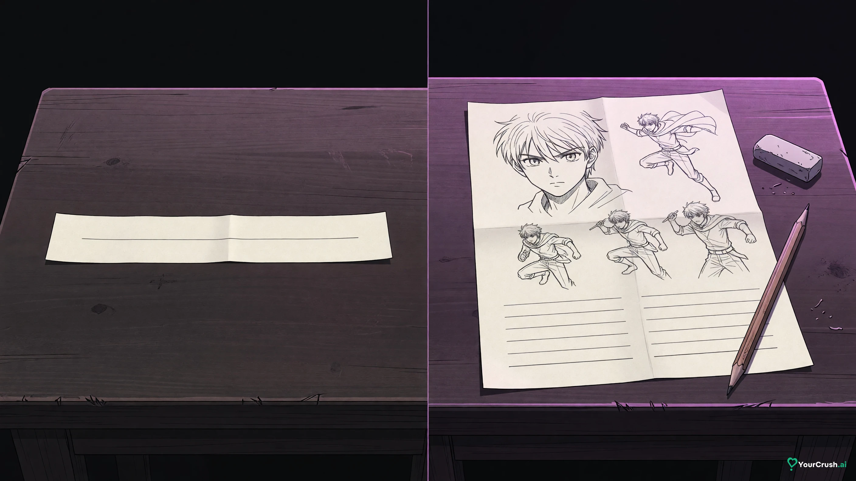 Two panels: a thin strip of paper on a desk, then a full character sheet with sketches and blank lines