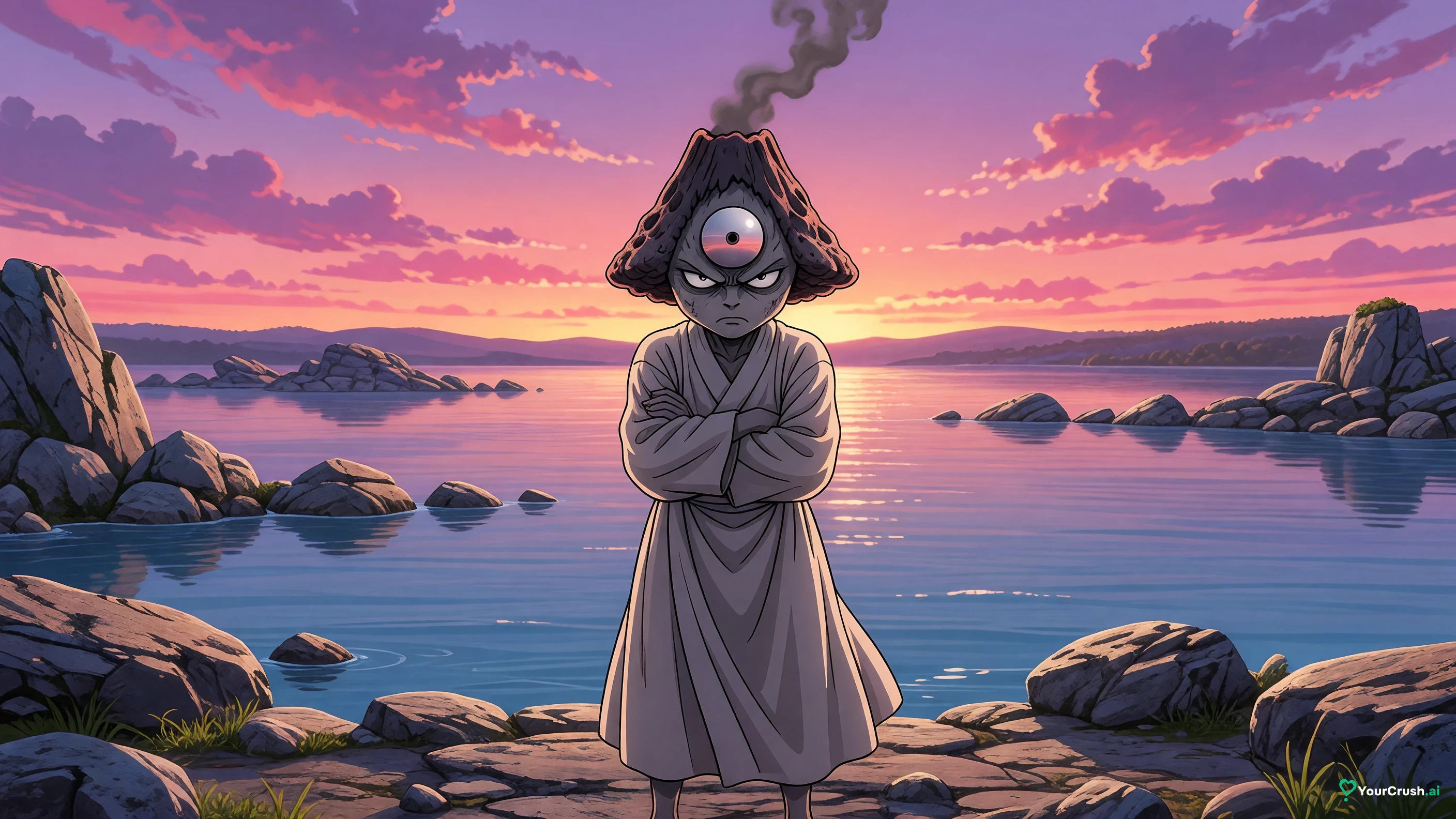 Jogo the volcano-headed curse from Jujutsu Kaisen standing on a lakeshore at sunset