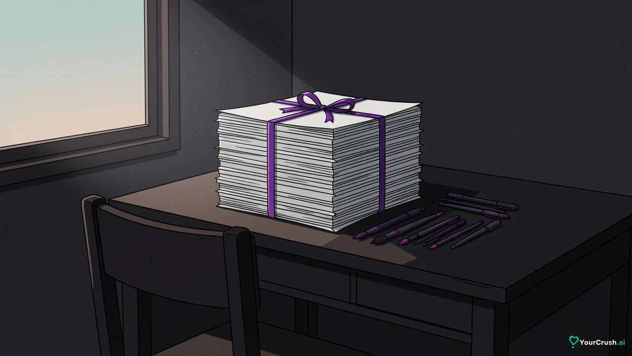 A tall finished stack of blank manuscript pages tied with a ribbon on a drafting desk at dawn