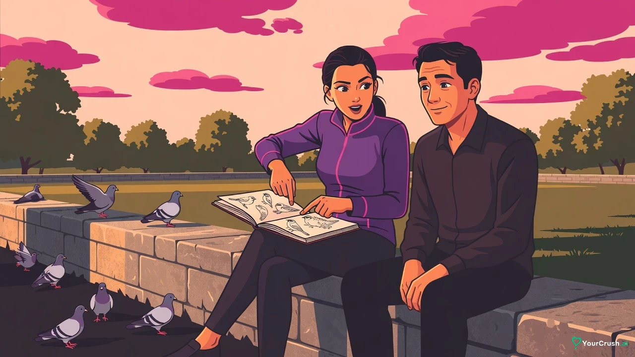 A woman talks animatedly while sharing a sketchbook of birds with a man on a park wall