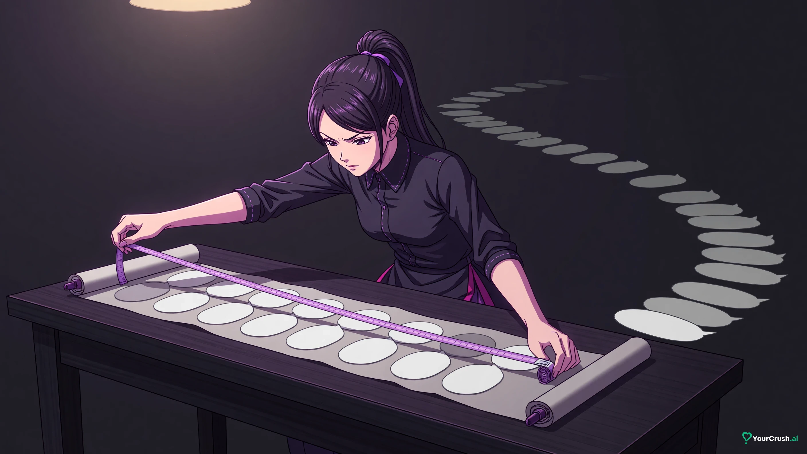 Anime girl holding a short measuring tape across a scroll of chat bubbles, the far end fading