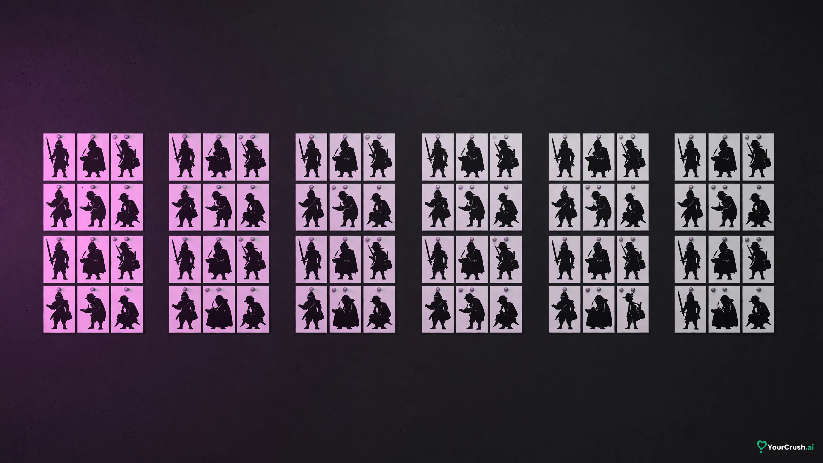 A wall pinned with eight clusters of small character silhouette cards, five cards in each cluster