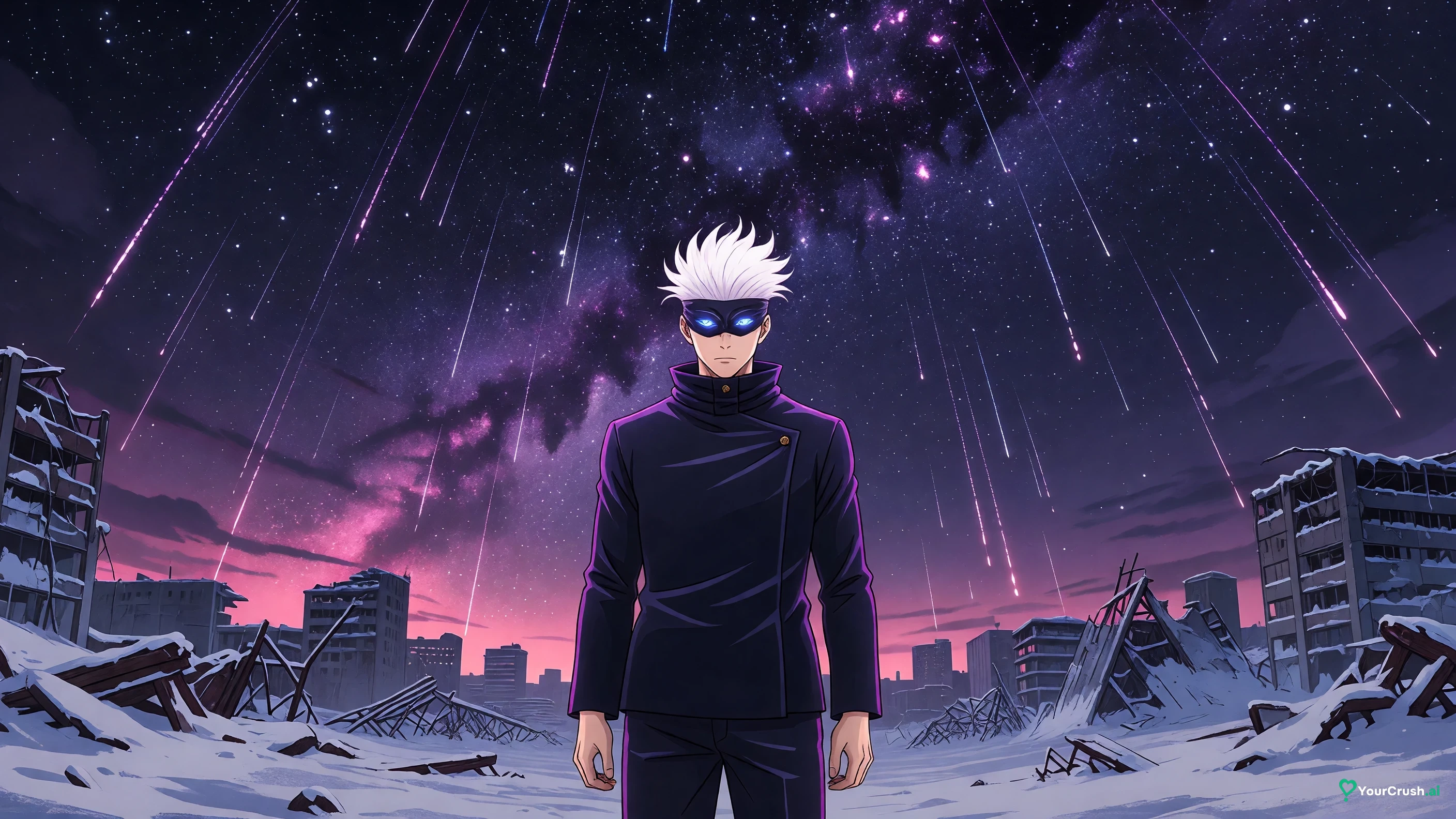 Satoru Gojo from Jujutsu Kaisen standing in a ruined city under a sky of pouring stars