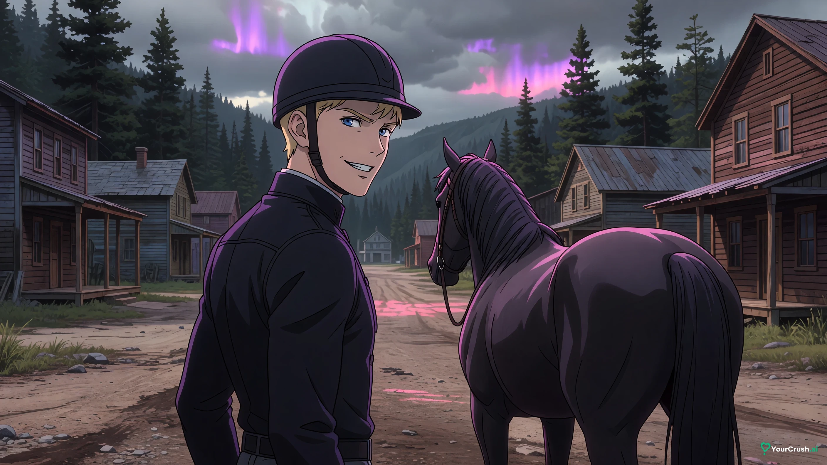 Diego Brando standing beside his horse Silver Bullet in a Rocky Mountain village