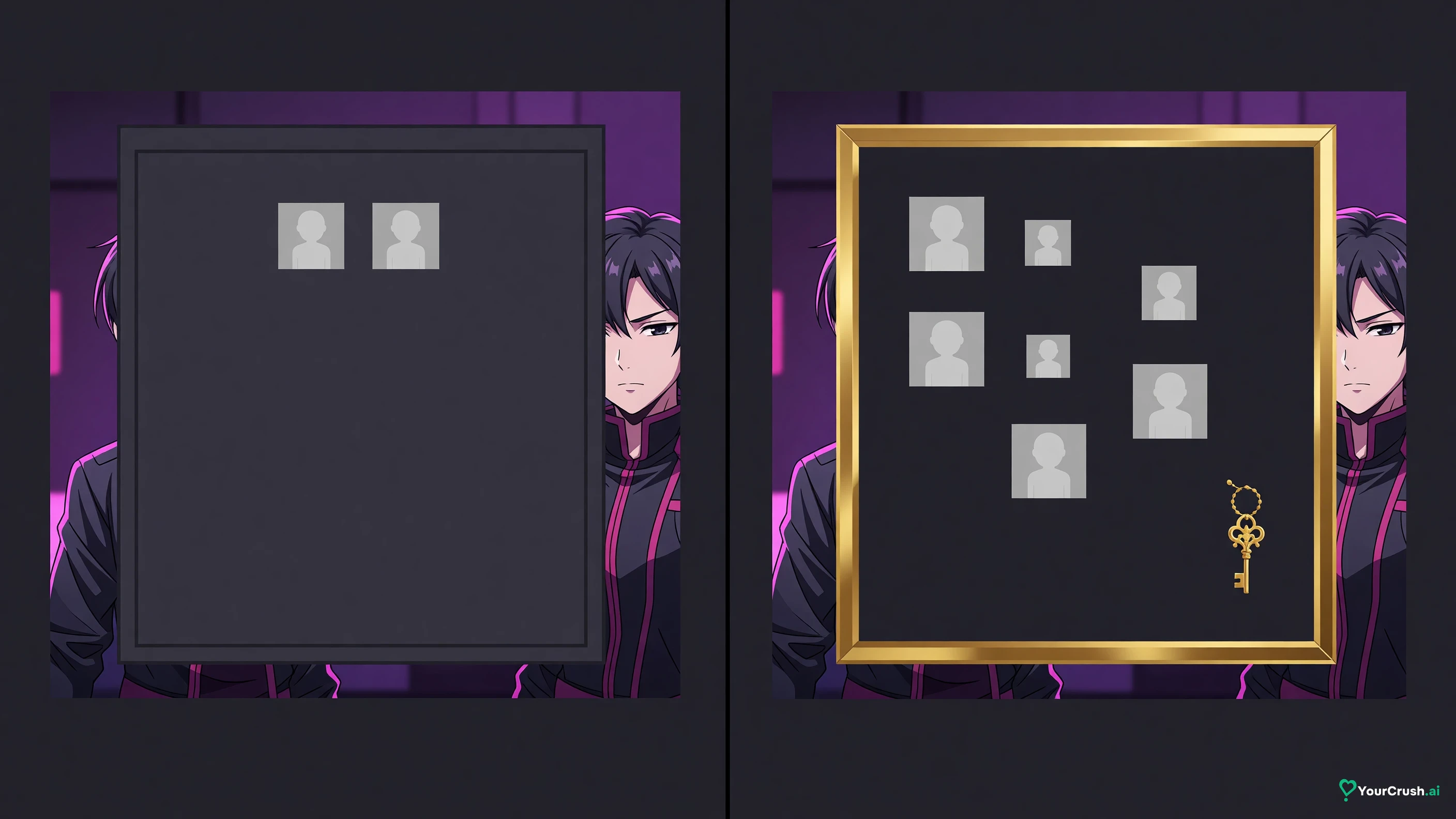 Two panels: a plain unlocked chat window, and the same window with a small key charm and extra model icons