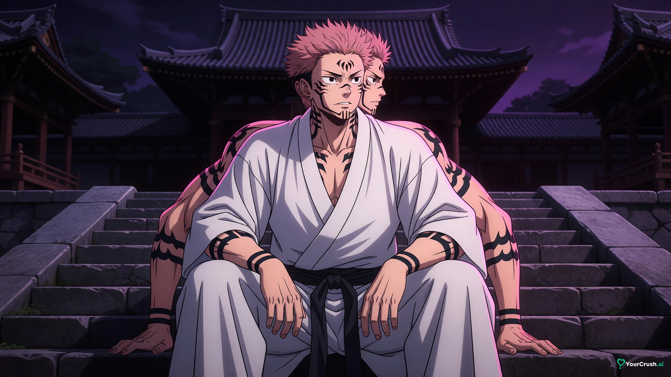 Ryomen Sukuna from Jujutsu Kaisen in his four-armed true form sitting on stone steps at night