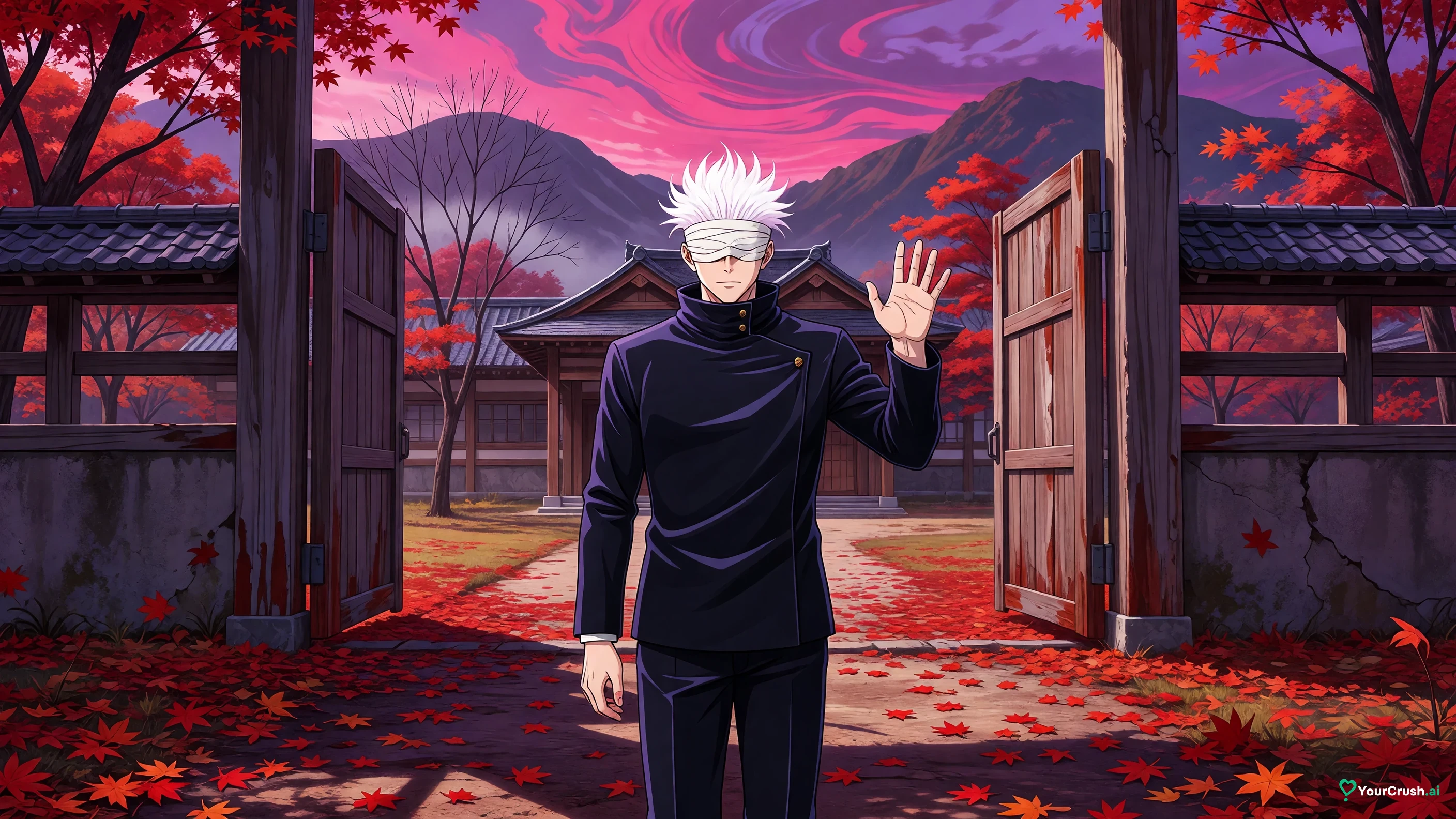 Satoru Gojo waving at the gate of Tokyo Jujutsu High in autumn