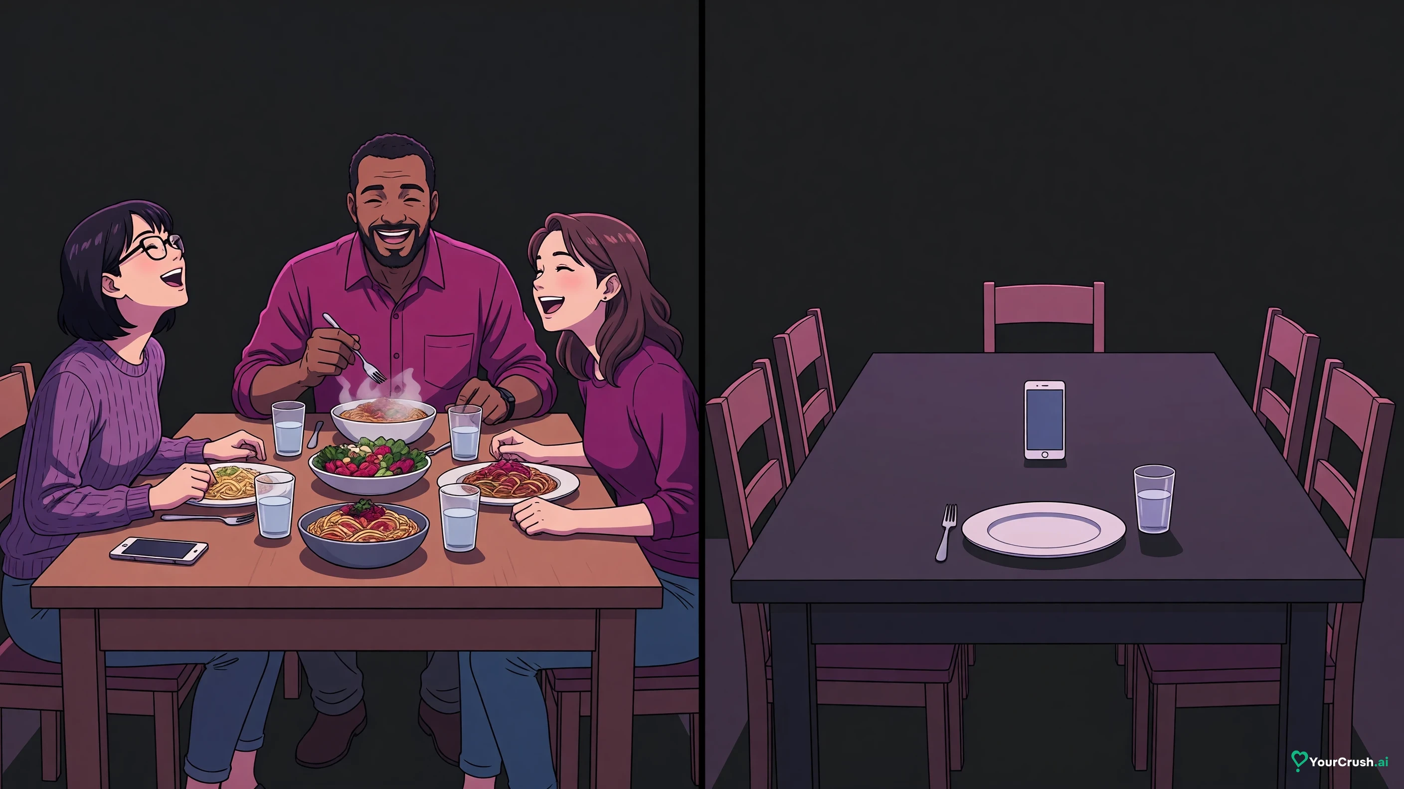 Two panels: a lively dinner table with a phone at its edge, then a phone in the centre of a quiet table set for one