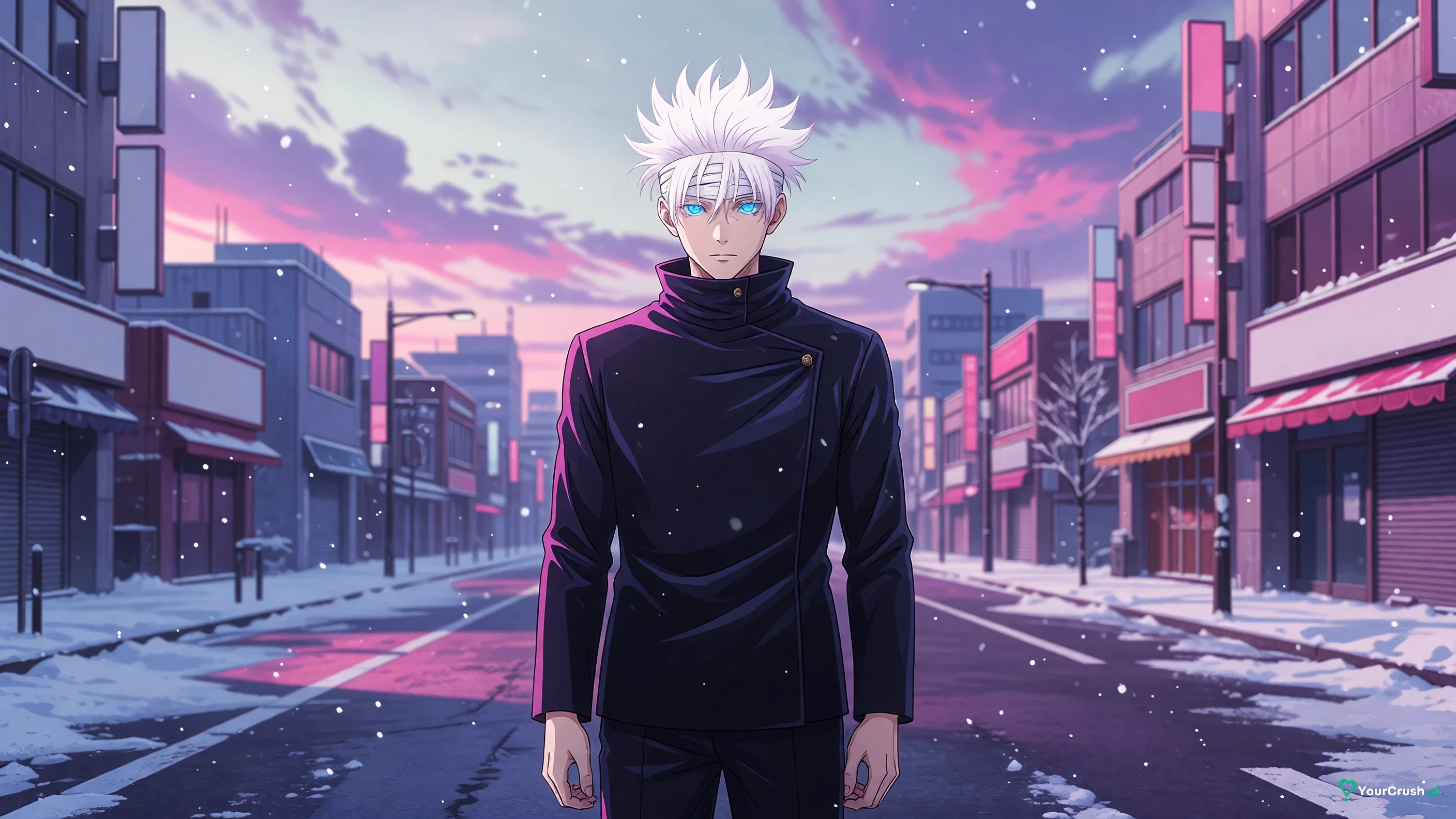 Satoru Gojo standing on an empty Shinjuku street in light December snow