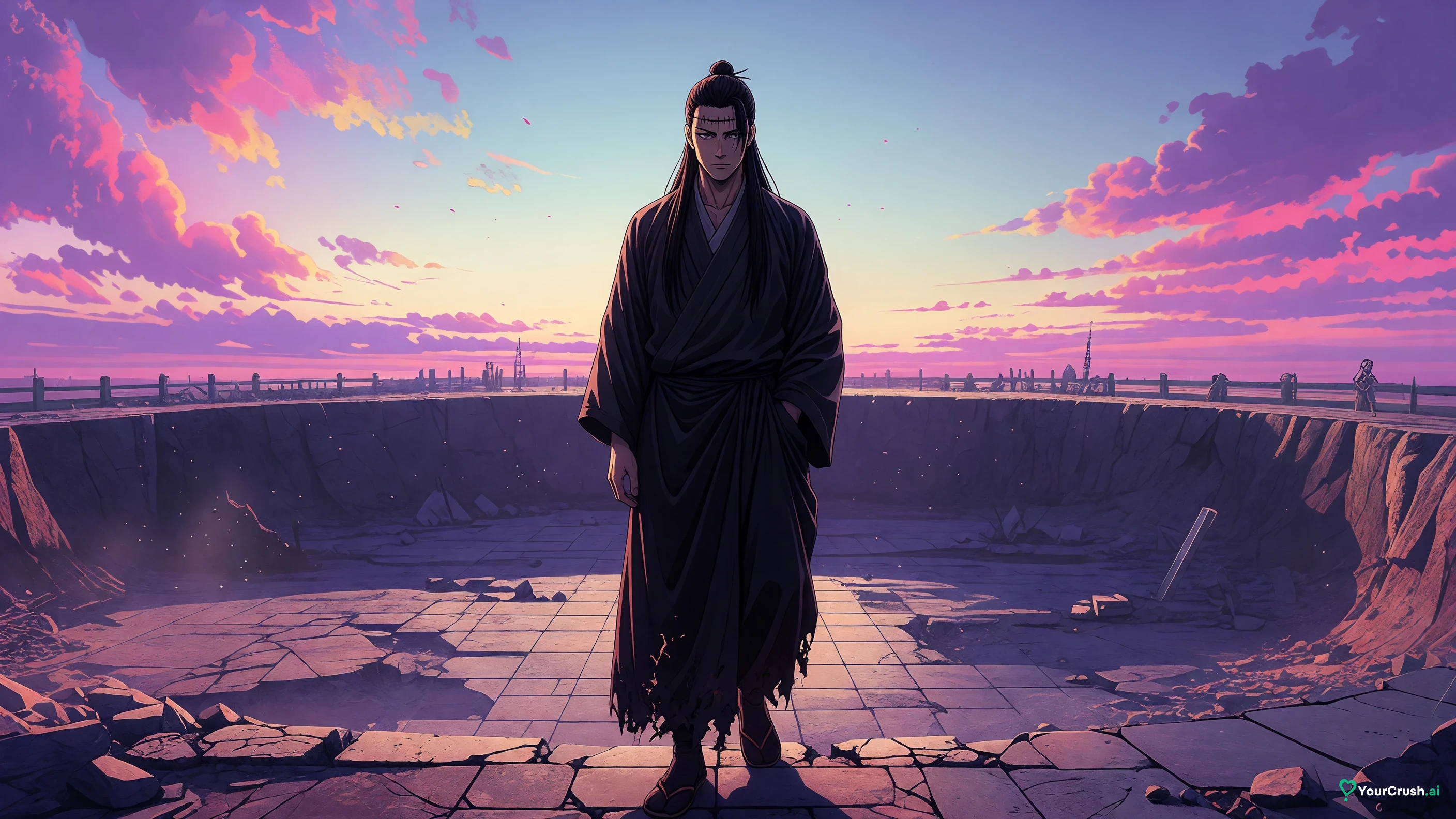 Kenjaku in Suguru Geto's body standing at the edge of a crater after Yuki's fight in Jujutsu Kaisen