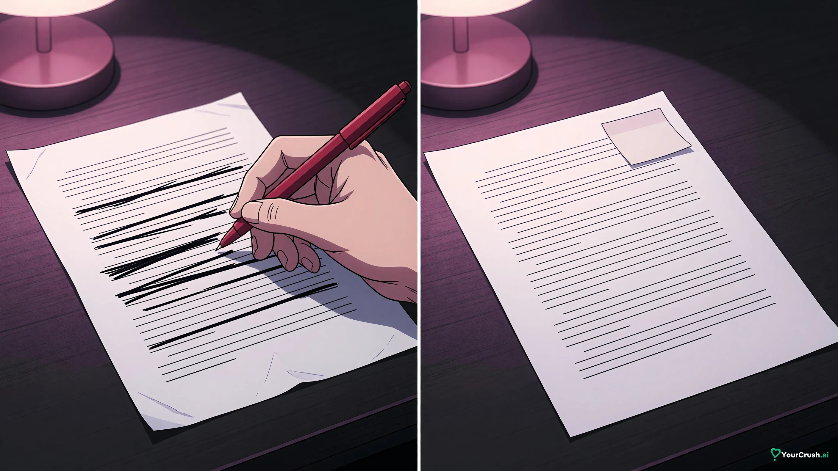 Two panels: a manuscript page with names heavily struck through, then the same page clean with new names written in