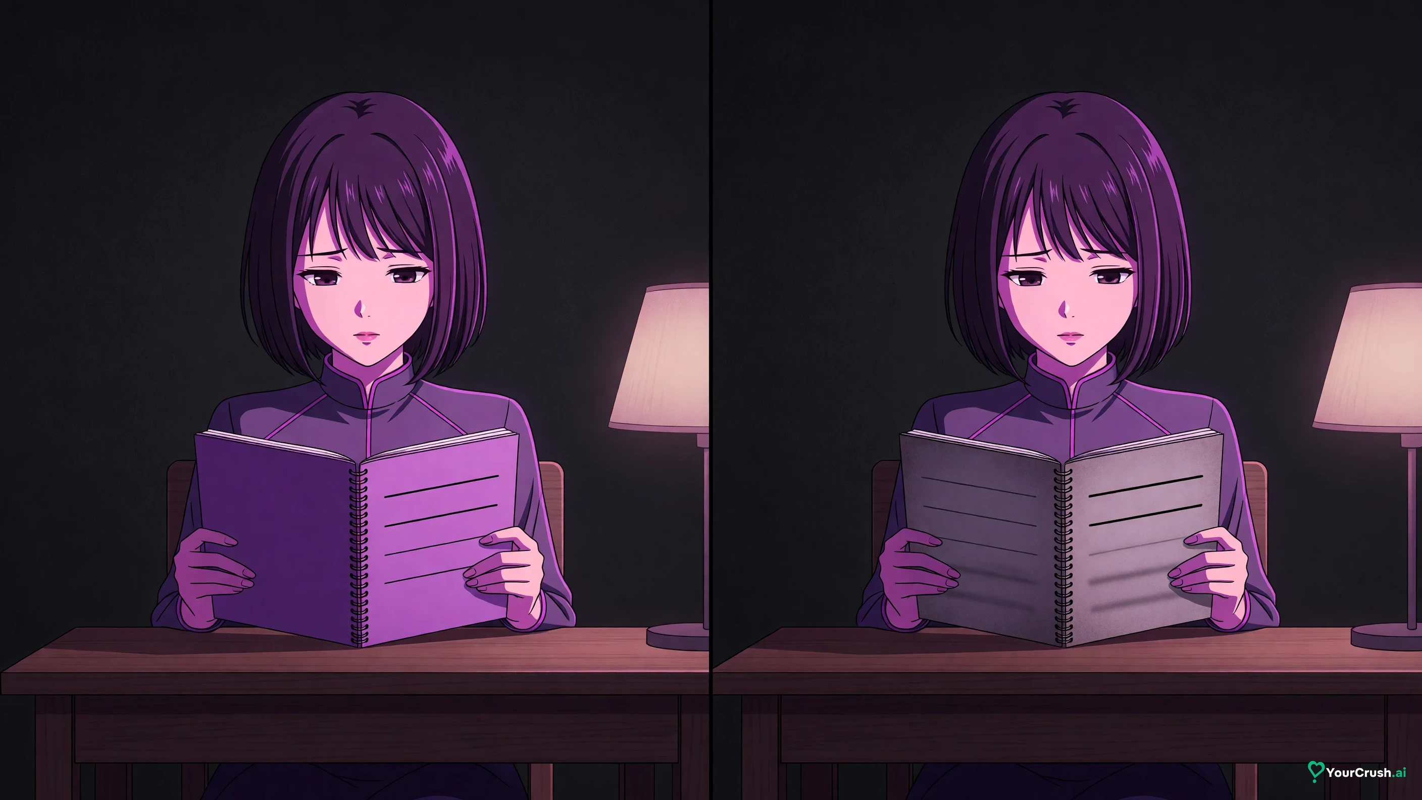 Two panels: an anime character holding a thin notebook, then the same notebook with most pages faded