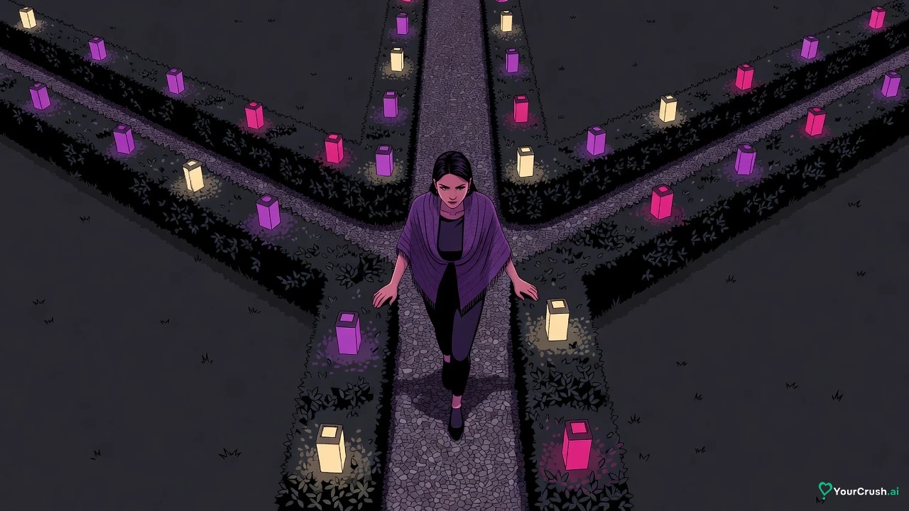 A woman stands where a garden path splits into three lantern-lit branches at night