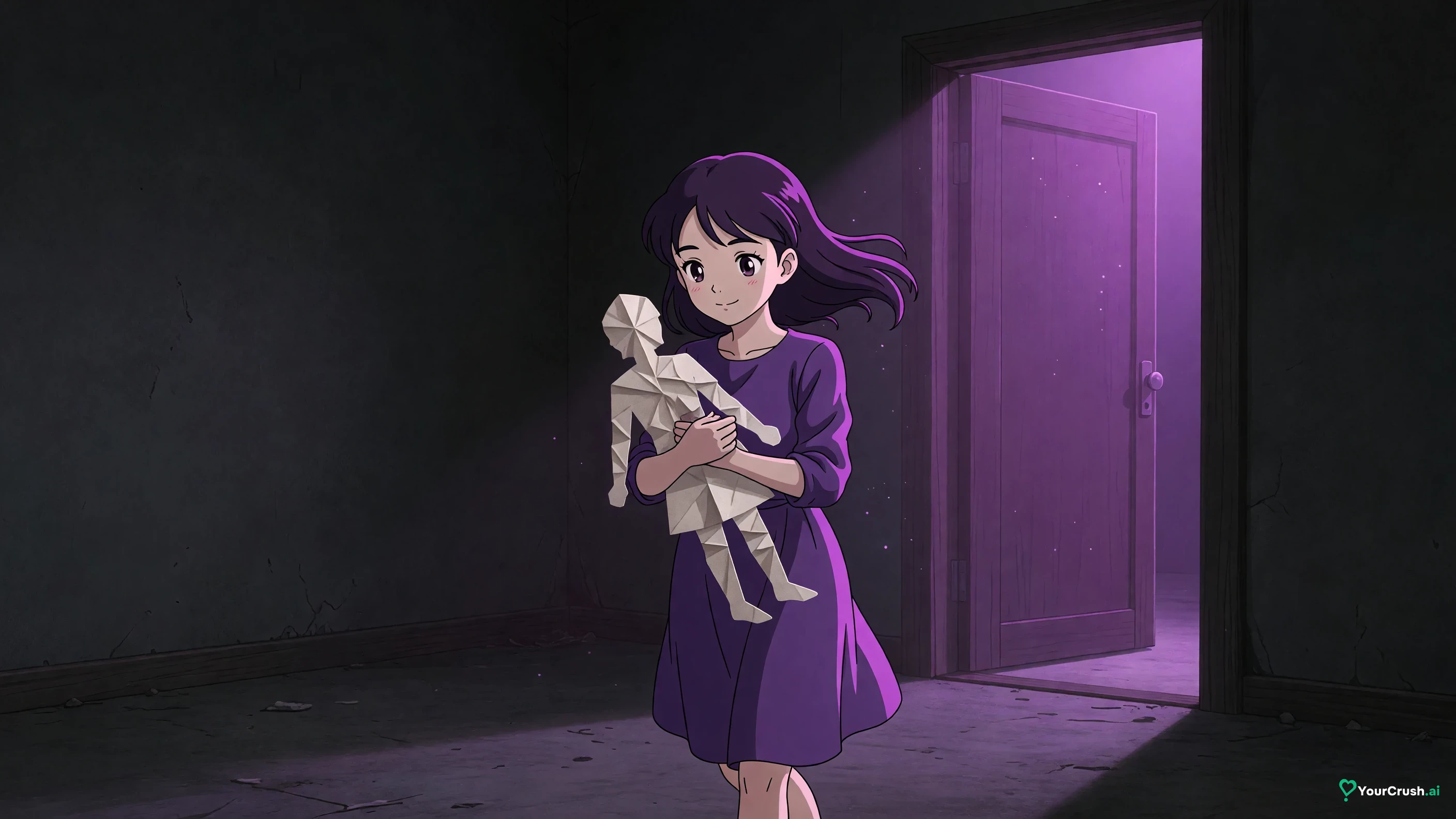 Anime character carrying a paper companion figure out of a small room toward a larger lit doorway