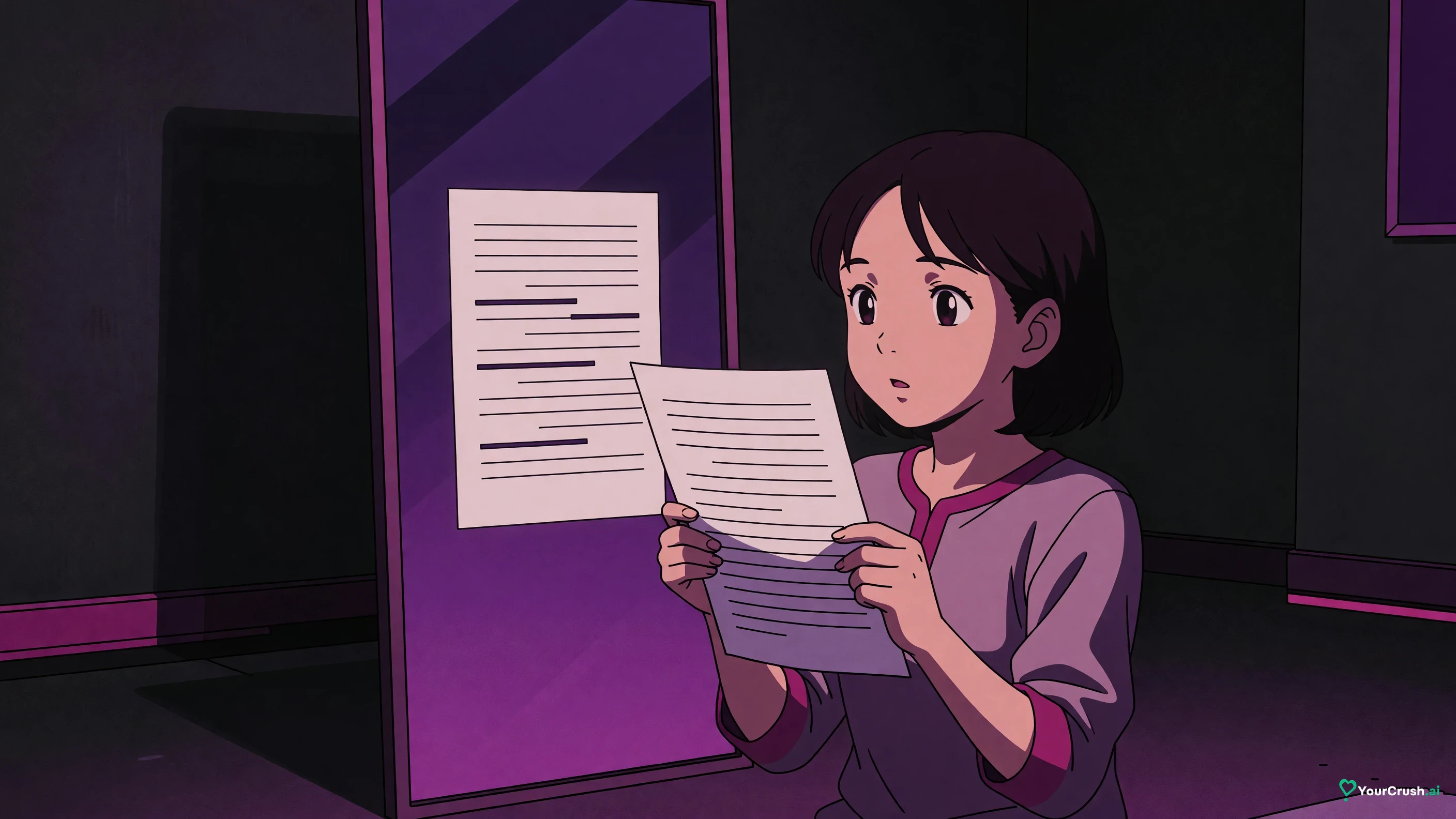 Anime character holding a sheet of blank text up to a mirror where the reflection shows a differently shaped blank text