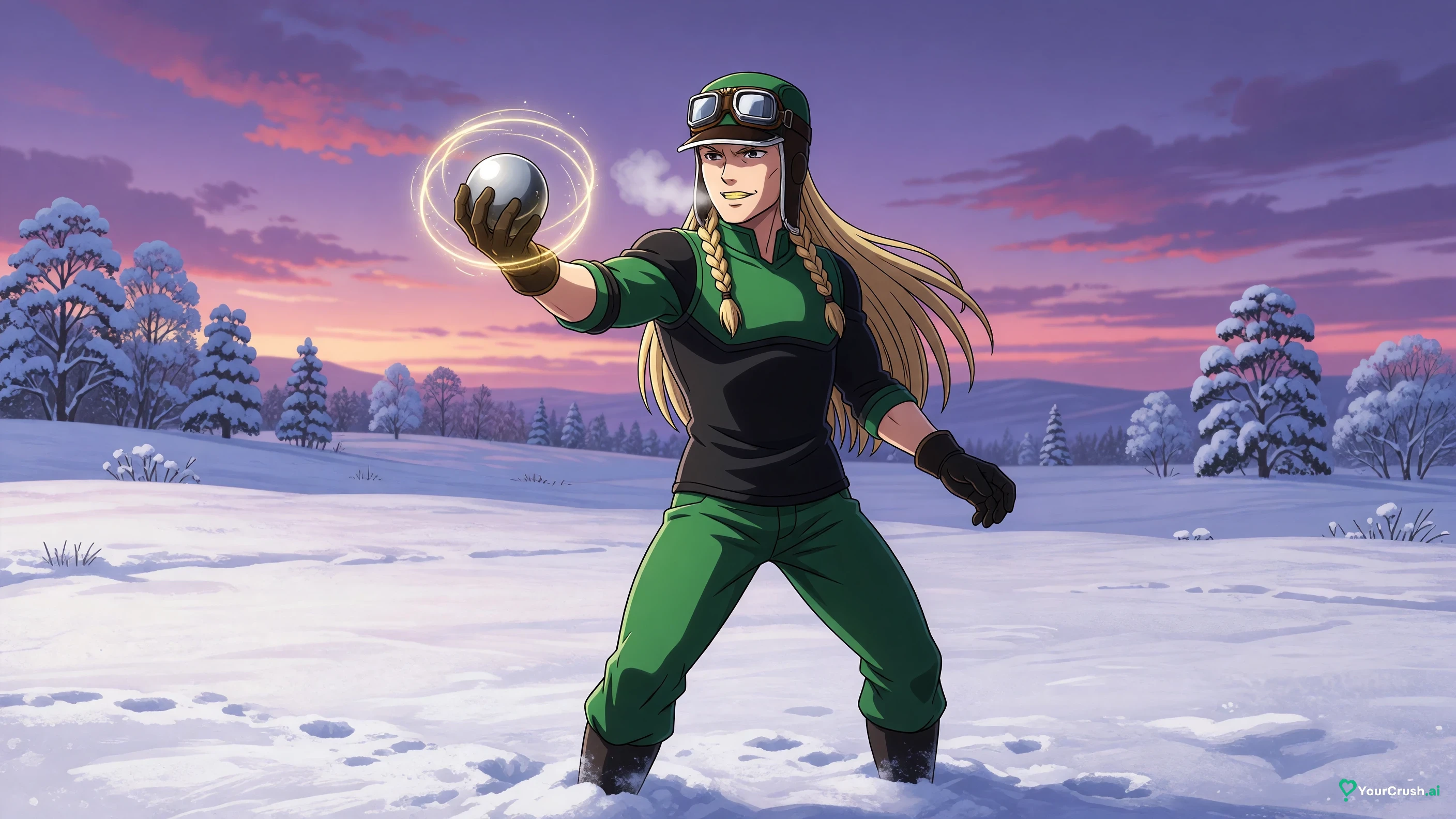 Gyro Zeppeli holding a steel ball on a snowy field before his last throw